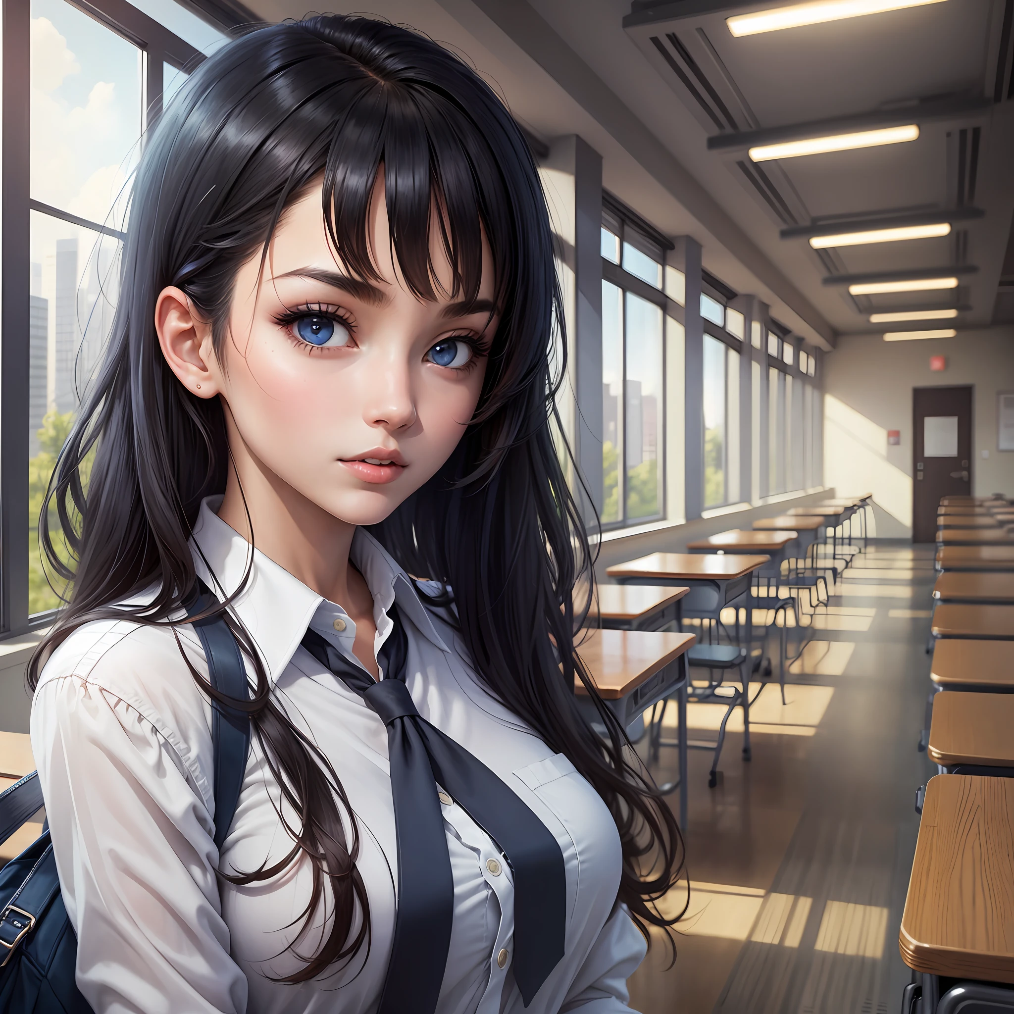 A woman, dynamic pose, inside the school, black hair, blue eyes