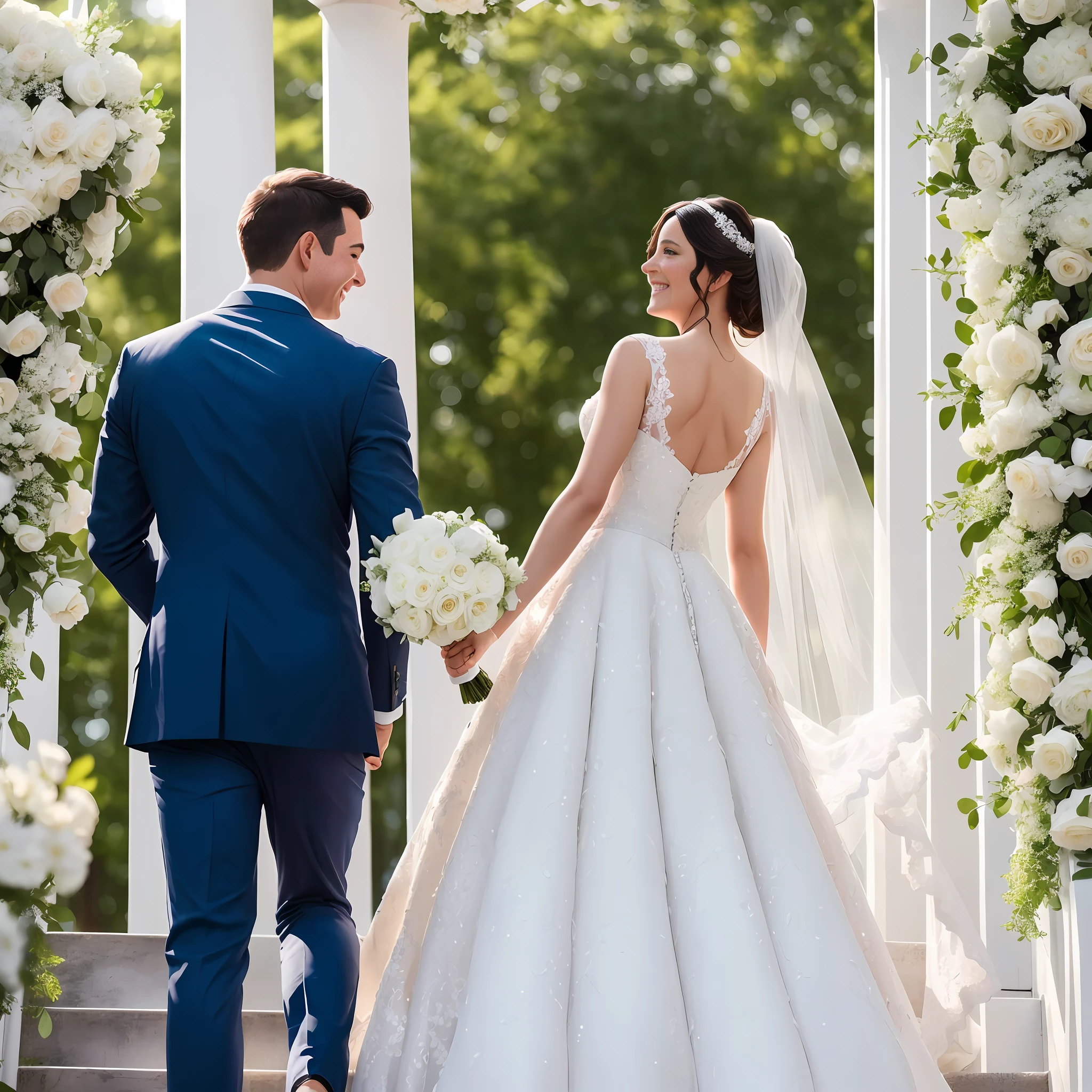 Bright and warm sunlight, white church stairs, beautiful bride in white wedding dress, groom in dark blue frock coat, bride and groom coming down the stairs with happy smiles and arms crossed, bride and groom one by one, only the bride wearing white, only the groom wearing dark blue clothes, relatives and friends congratulating them, flower shower, cinematic lighting、8K --auto --s2