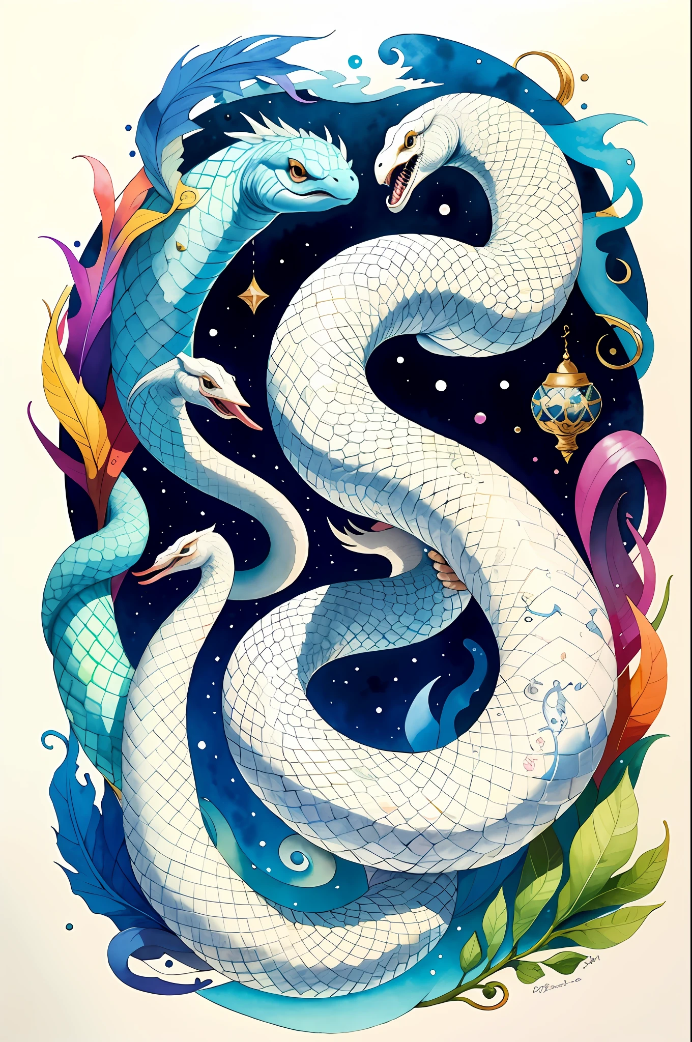 Best Quality, 8K, Fortune Up, White Snake, Watercolor, Divine, Fantastic, Waiting, Cool, Illustration, Mysterious
