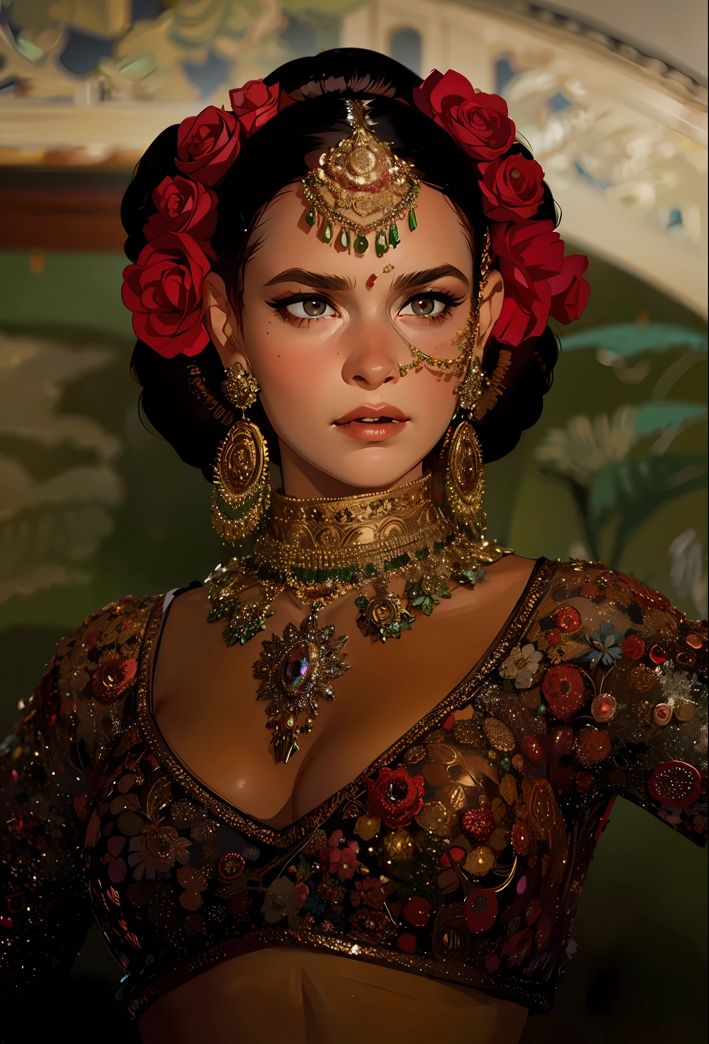 arafed woman in a sari with a necklace and a necklace, intricate set, adorned with precious stones, wearing intricate, intricate jewellery, with intricate details, intricate outfit, wearing elegant jewellery, intricate details. front on, black jewellery, detailed jewellery, high intricate details, photo of a hand jewellery model, close portrait, intricate beauty, intricate jewelry, side view intricate details