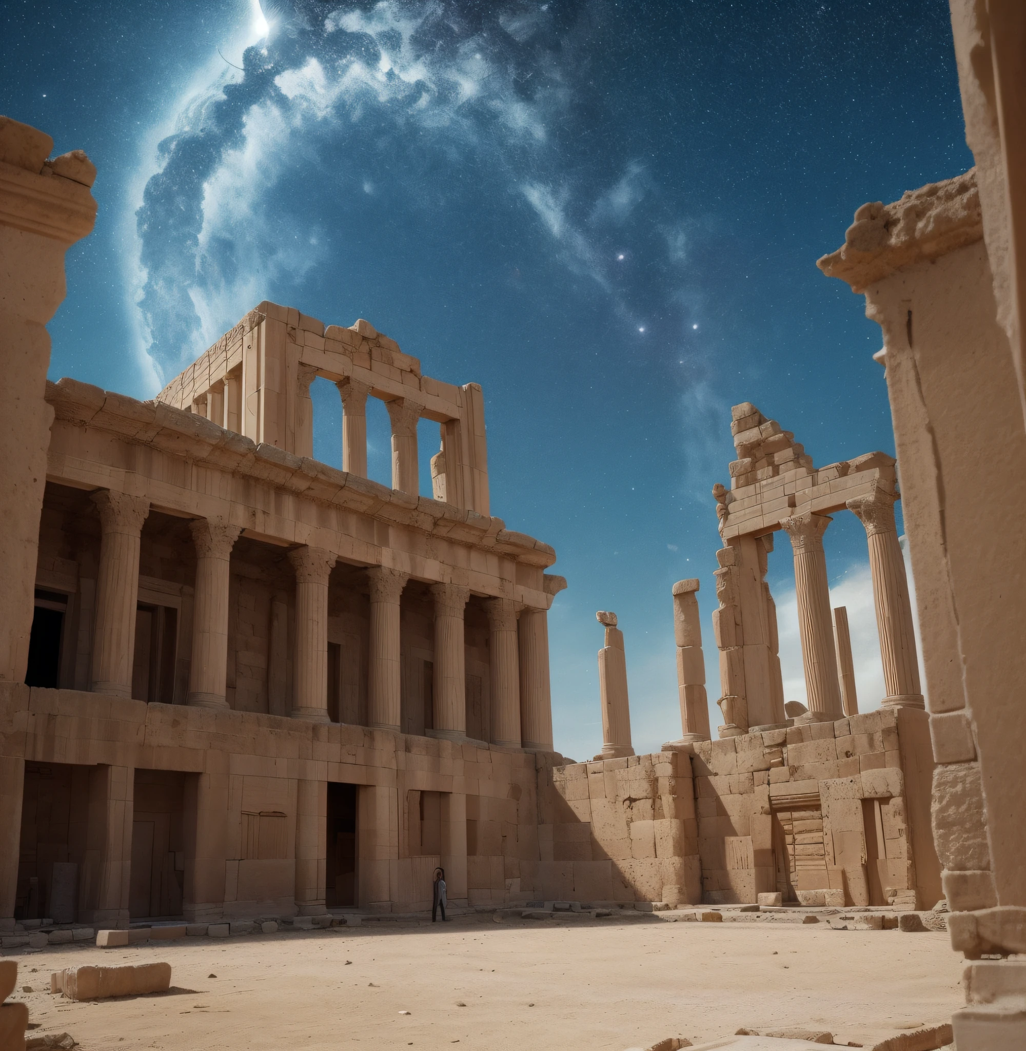 The Baalbek complex of buildings, the solar system in another dimension, other worlds, extraterrestrial giant beings perform a ritual, fire all around, celestial singularity, energy fields, gloomy image, horror