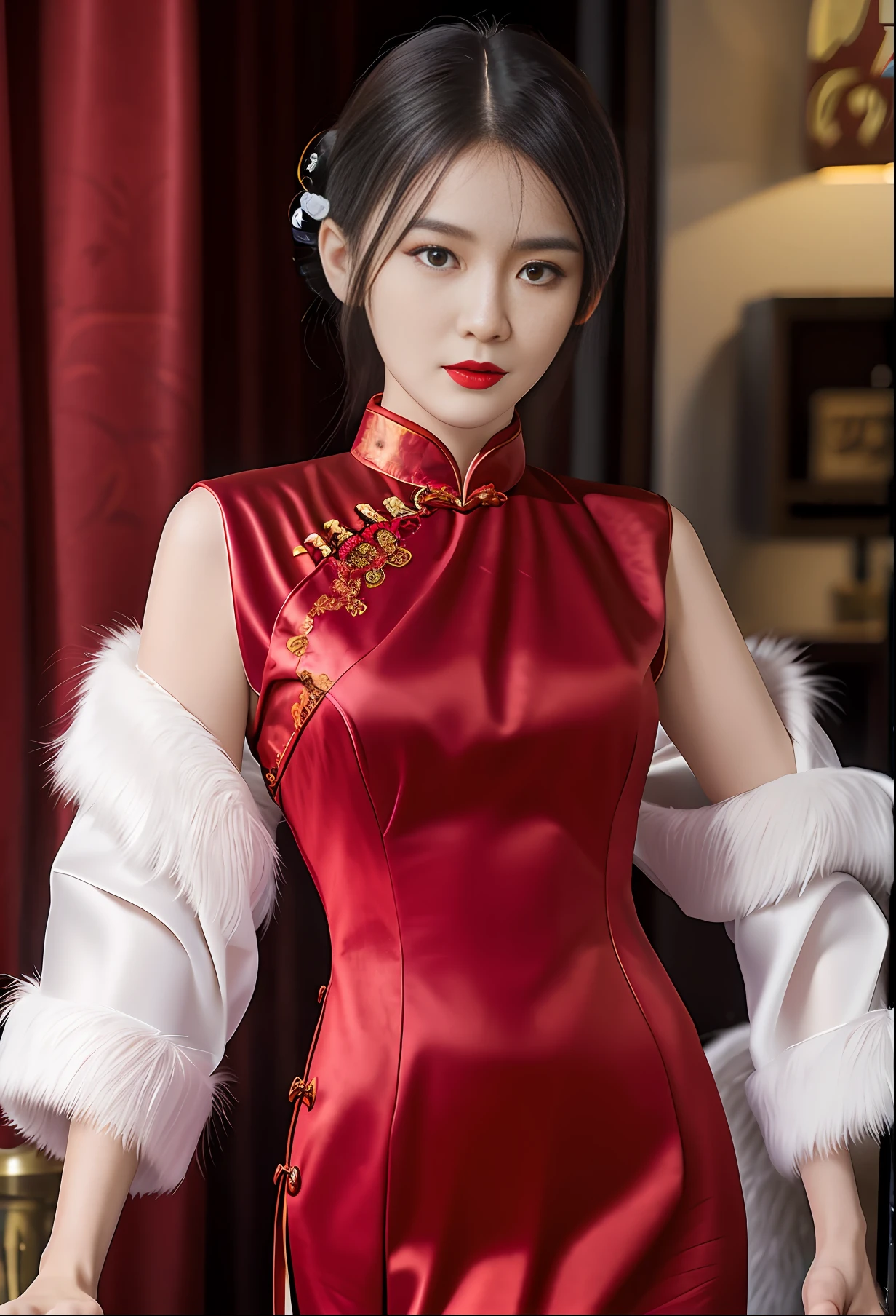 Realistic, high resolution, 1 girl in gorgeous cheongsam, fur, (raw photo,intricate ultra-detailed costumes: 1.4, extremely gorgeous costumes), 1930s Shanghai, cinematic lighting, vintage microphone, neon, masterpiece, perfect anatomy, perfect face, abstract beauty, illustration, best quality, (official art, extremely detailed CG Unity 8k wallpaper), highly detailed, absurd, 8k resolution, (((realistic))), (((realistic))), popular on art stations