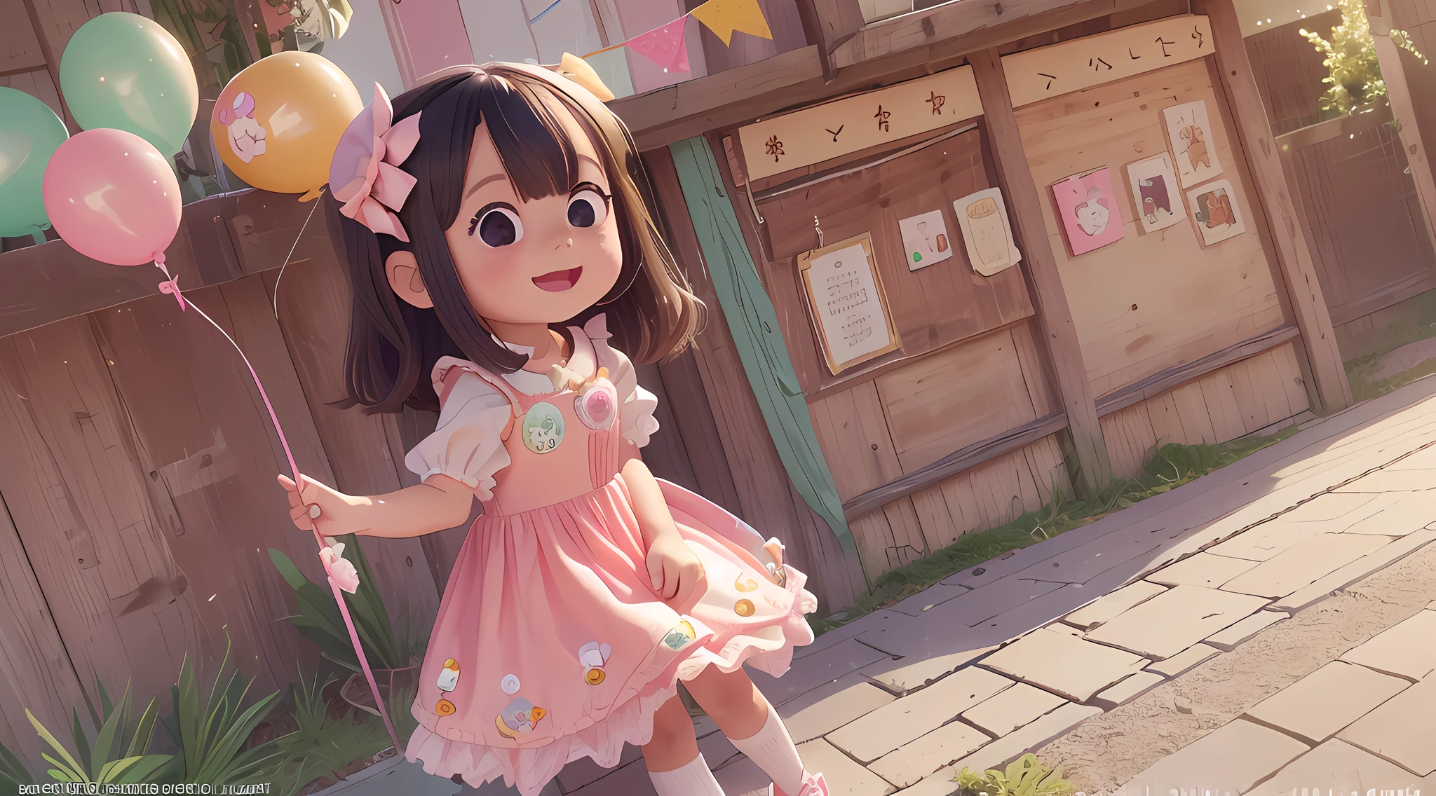 There is a girl in a dress with a bubble balloon, 2 years old, little girl, perfect face, short shoulder-length hair, birthday party celebration, 2nd birthday cake, cute chicken squad cheering, doll, flowers in hand, cute anime gaidfu in beautiful dress, loli in dress, anime girl cosplay, loli, little loli girl, little curve loli, cute kawaii girl, cute anime girl, ball doll, magic girl style, happy smile, than heart, bubbles, gorgeous clothes, skirts, candy, Wishes, couplets, red envelopes, festivities, firecrackers, red, gorgeous fireworks, happy birthday