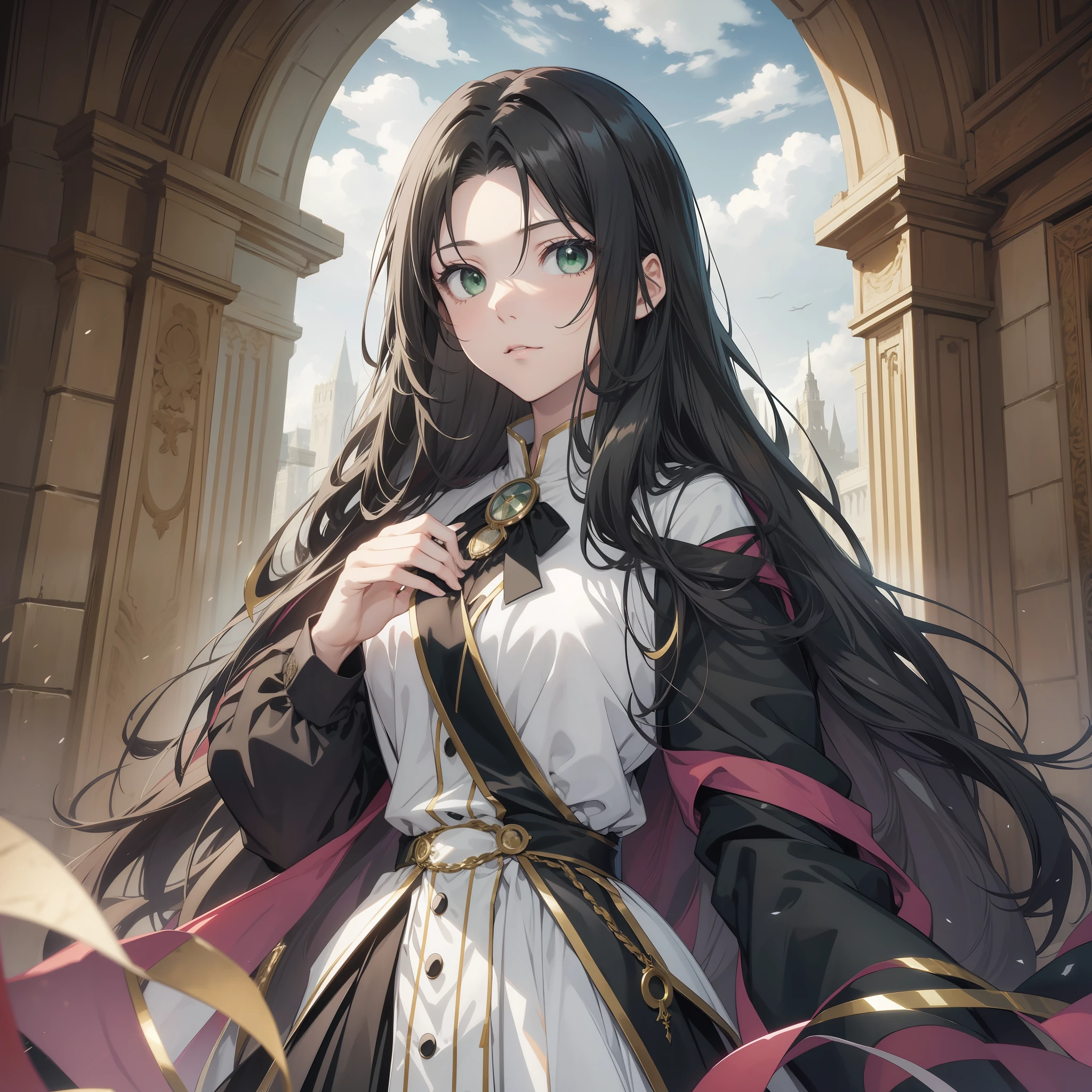 16 years old Anime girl, long raven hair, slightly wavy hair, parted bangs, Magus, green eyes, long black coat, white shirt, black skirt, aristocrat, noble attire, beautiful, ethereal