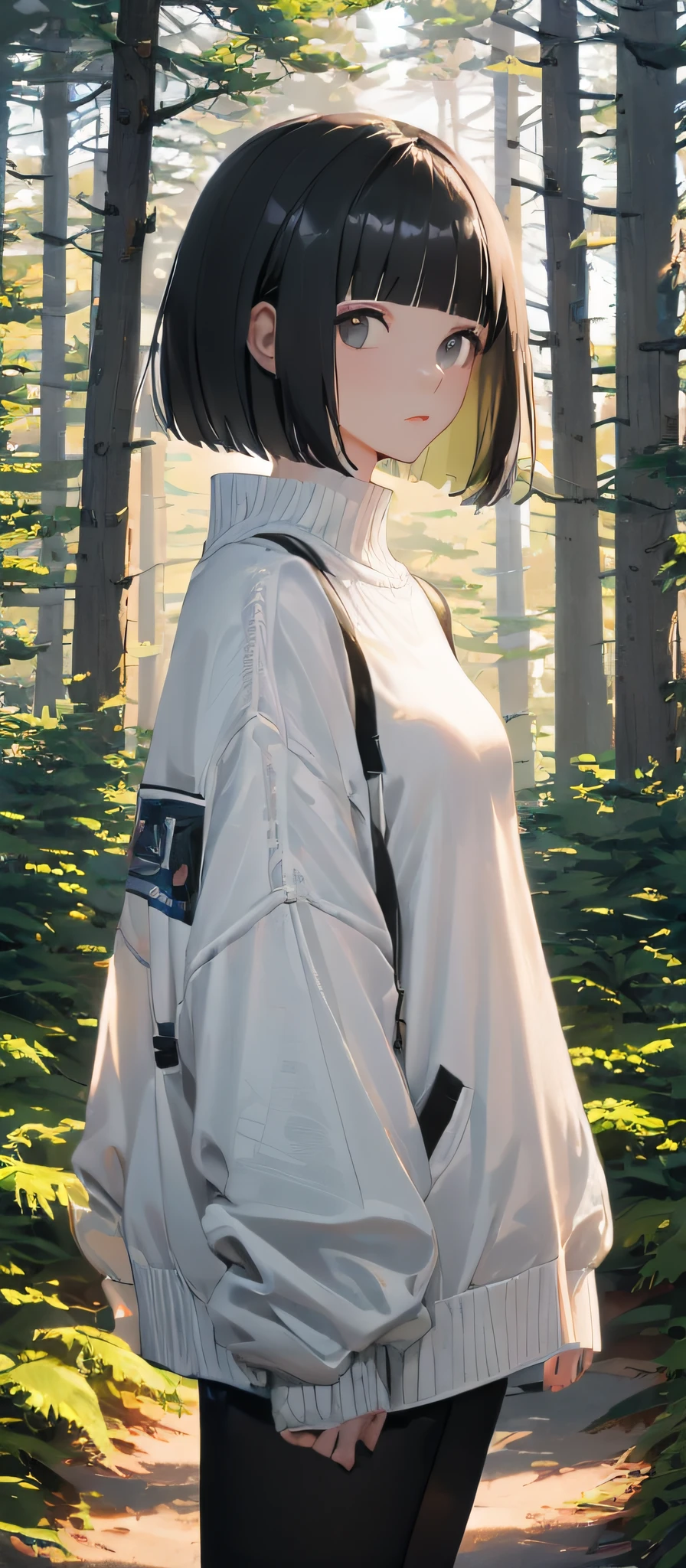 （杰作，最佳质量），1 girl, masterpiece, short hair, black hair, bob cut, white sweater, oversized jacket, forest, sunshine