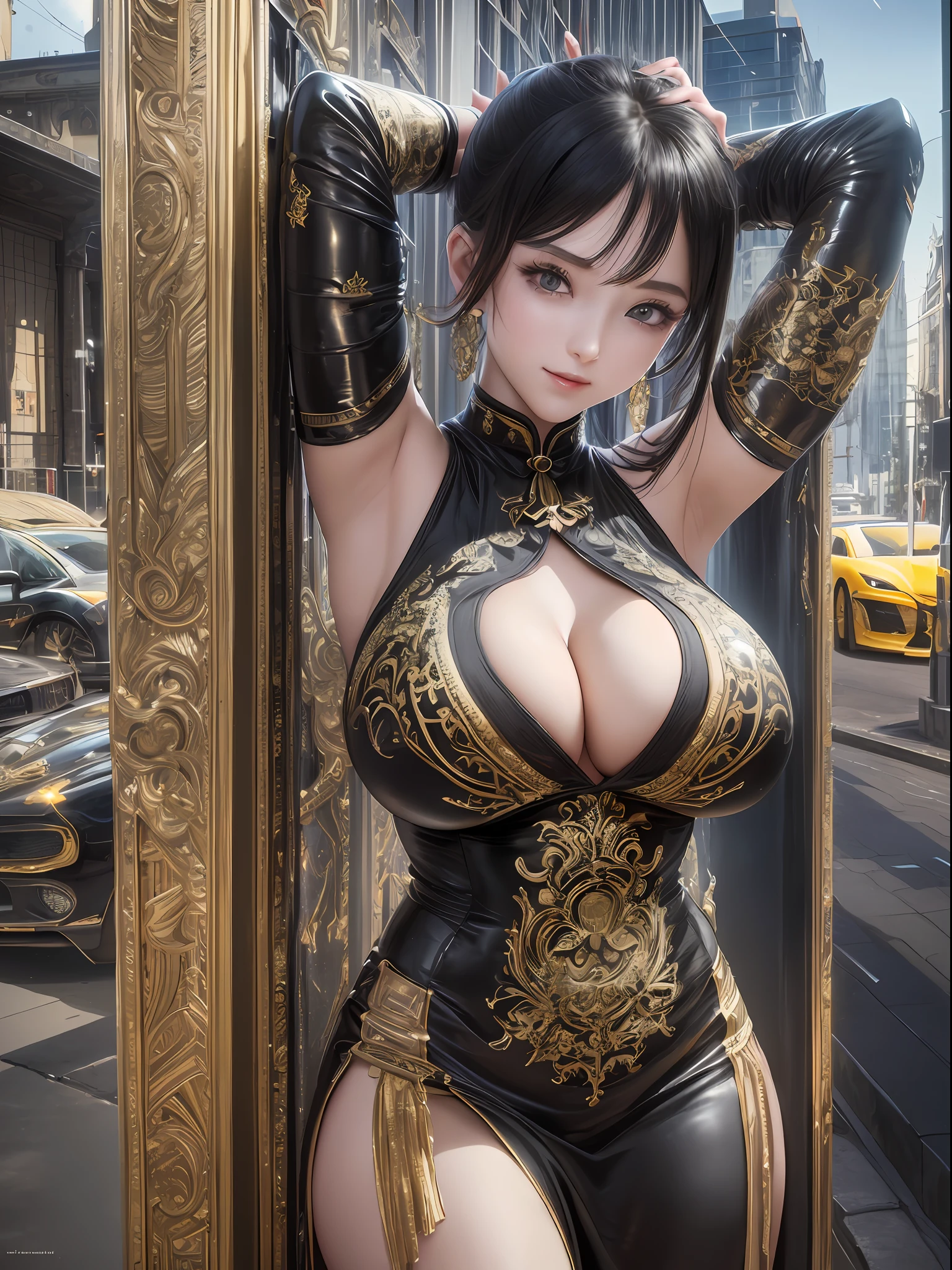 masterpiece, masterpiece, ultra high definition, super beautiful, 15 year old girl's upper body, huge breasts, young woman, perfect clothes, thighs, cute, perfect, smile, beautiful face, pretty girl portrait, breast protrusion, lower breasts, cute anime girl, big breasts, exposed shoulders, navel, armpits, cheongsam, sexy dress, slanted, temple, metal steel building, black and gold, pole, (car), (HDR: 1.25), ( Complex Details: 1.14), (Ultra Realistic 3D Render: 1.16), (Film: 0.55), Child, , Big Breasts, Viewer's Show, Gold Background, Anime Portrait, Cute Anime Girl