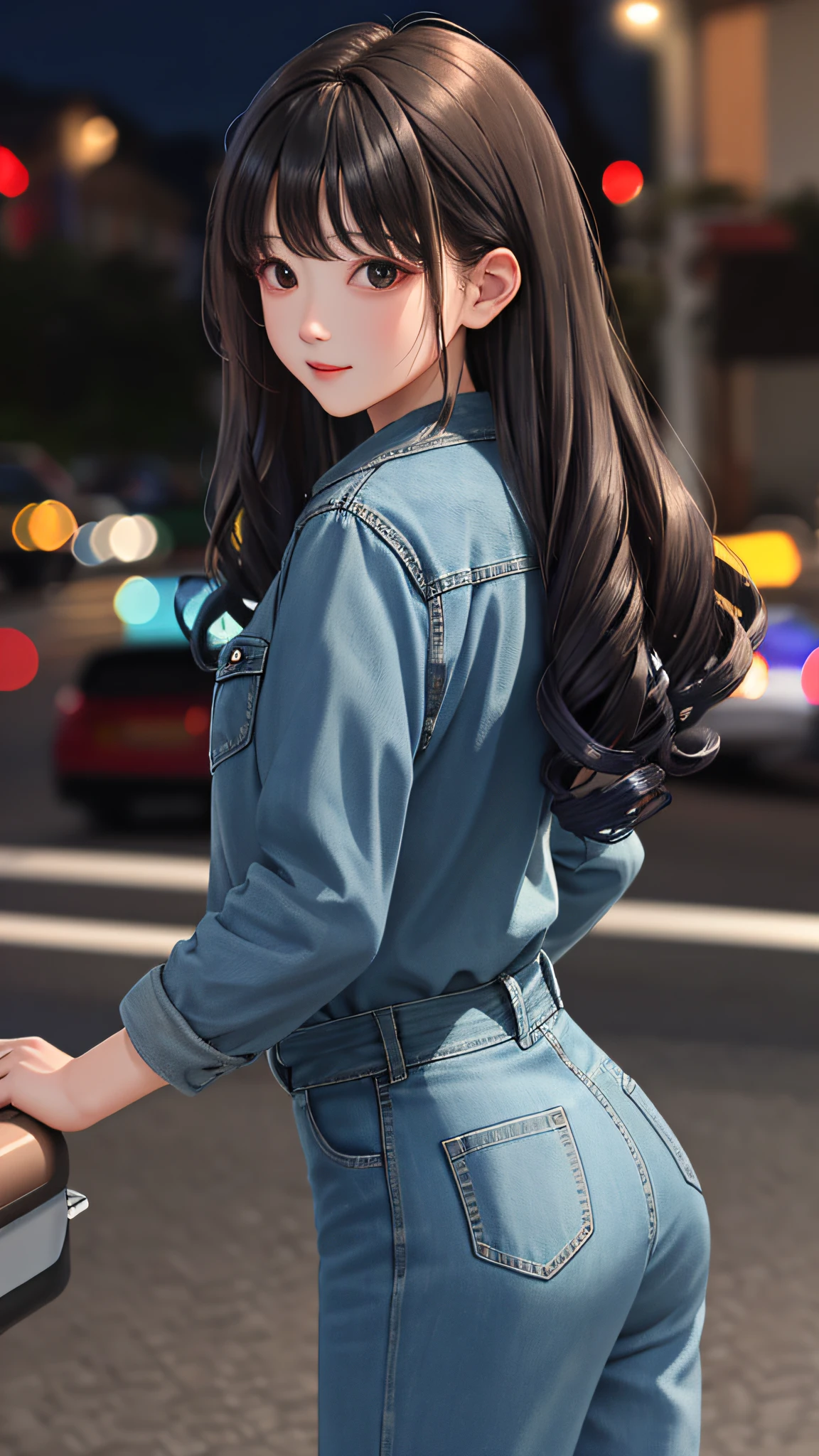 Best quality (1.2) masterpiece, night scene, direct view lens, bright skin, denim lens, outdoor scene, bangs hairstyle, wavy curls.