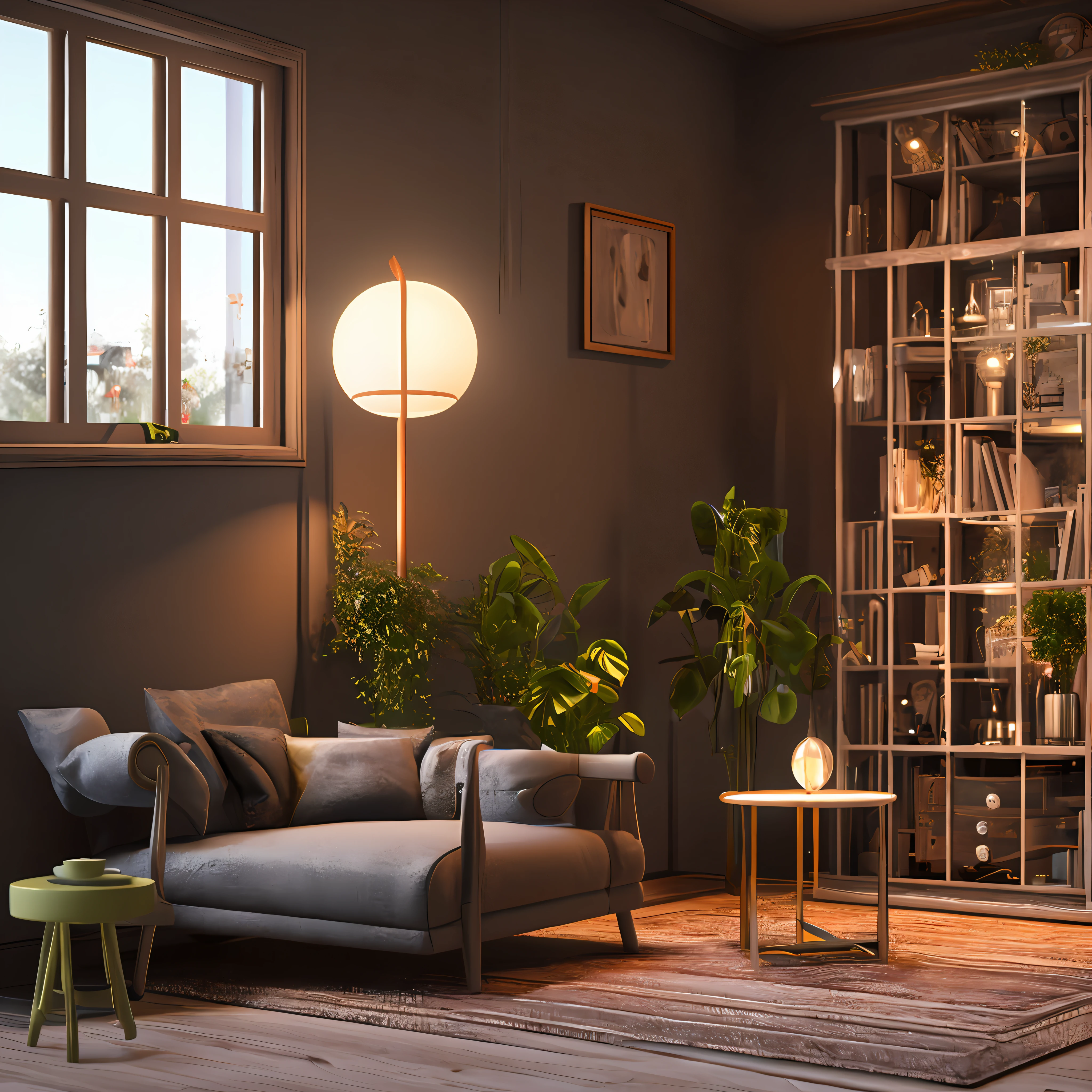 3d render of a vintage, cozy interior lighting, artstation, ultra detailed, cinematic, daz, hyper realistic, octane, A realistic dollhouse living room with furniture and window at night. Artwork table decoration with handmade realistic dollhouse, 3DMDT1