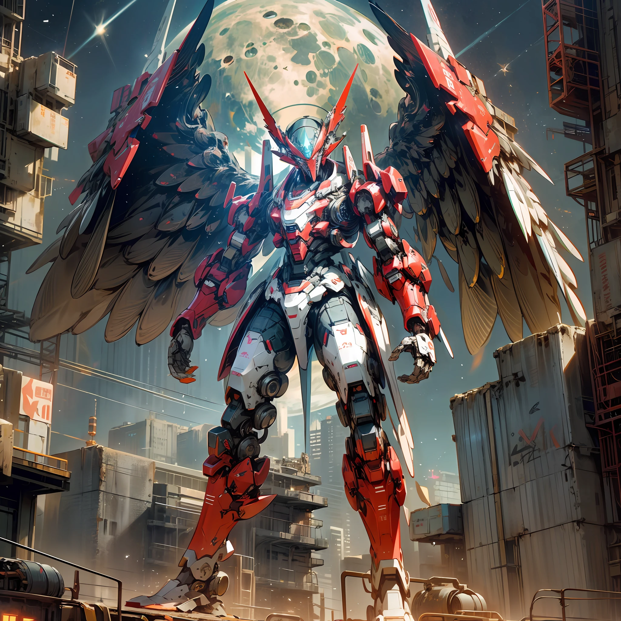 On the moon, barren planet, ruins, no humans, a mech transformed by a red phoenix, glowing, mechanical bird-shaped head, metal wings on its back, full body, humanoid mech, spiny, standing, architecture, glowing eyes, science fiction, city, reality, mecha, galactic background, neon, cyberpunk