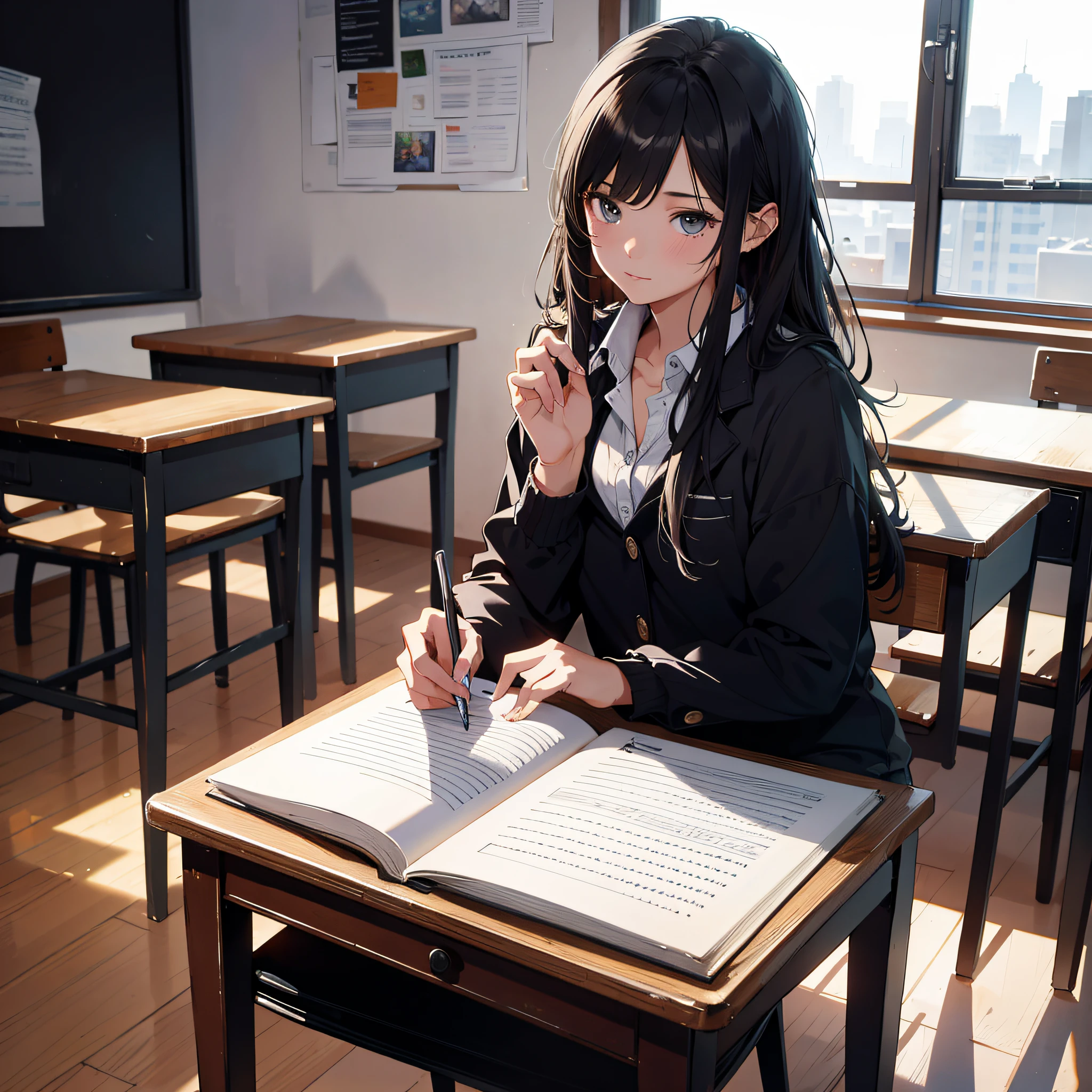 Absurd resolution, high resolution, (masterpiece:1.4), ultra-detailed, 1girl, exams, writing papers, school classrooms, sitting