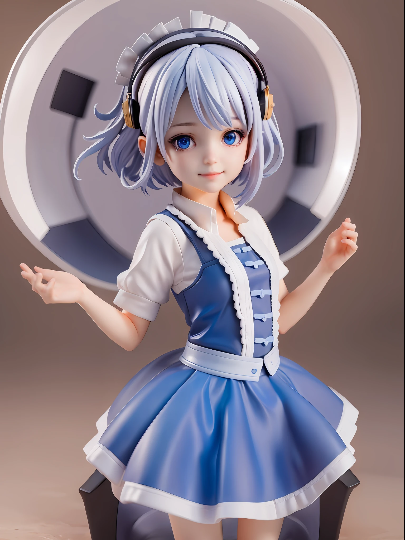 1girl,white hair,((bule hair tips)),black headphone,maid clothes(white blue),blue eye,hand up, short hair,hair between eyes BREAK full body, chibi, [realistic], [3d], (3dcg), ((octane render)), [fisheye], smile, closed mouth BREAK (8k, RAW photo, best quality, masterpiece:1.2), ultra high res, (((realistic, photo-realistic))), professional lighting, detailed lighting, professional photography, fisheye, dynamic angle, high quality, high res, extremely detailed, bloom BREAK depth of field, sketch, sharp focus, soft lighting, good composition, god light highlight, detailed, (((photorealistic details))), detailed skin, to8contrast style