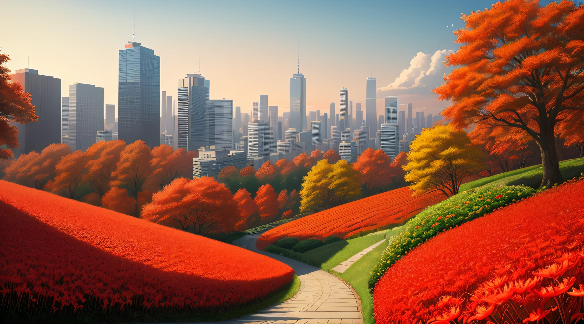 Scenery , City , Lycoris Radiata Flower , Sky , Sun , Floating Leaves , Breeze , Day , shooting stars in the sky , Fall Season