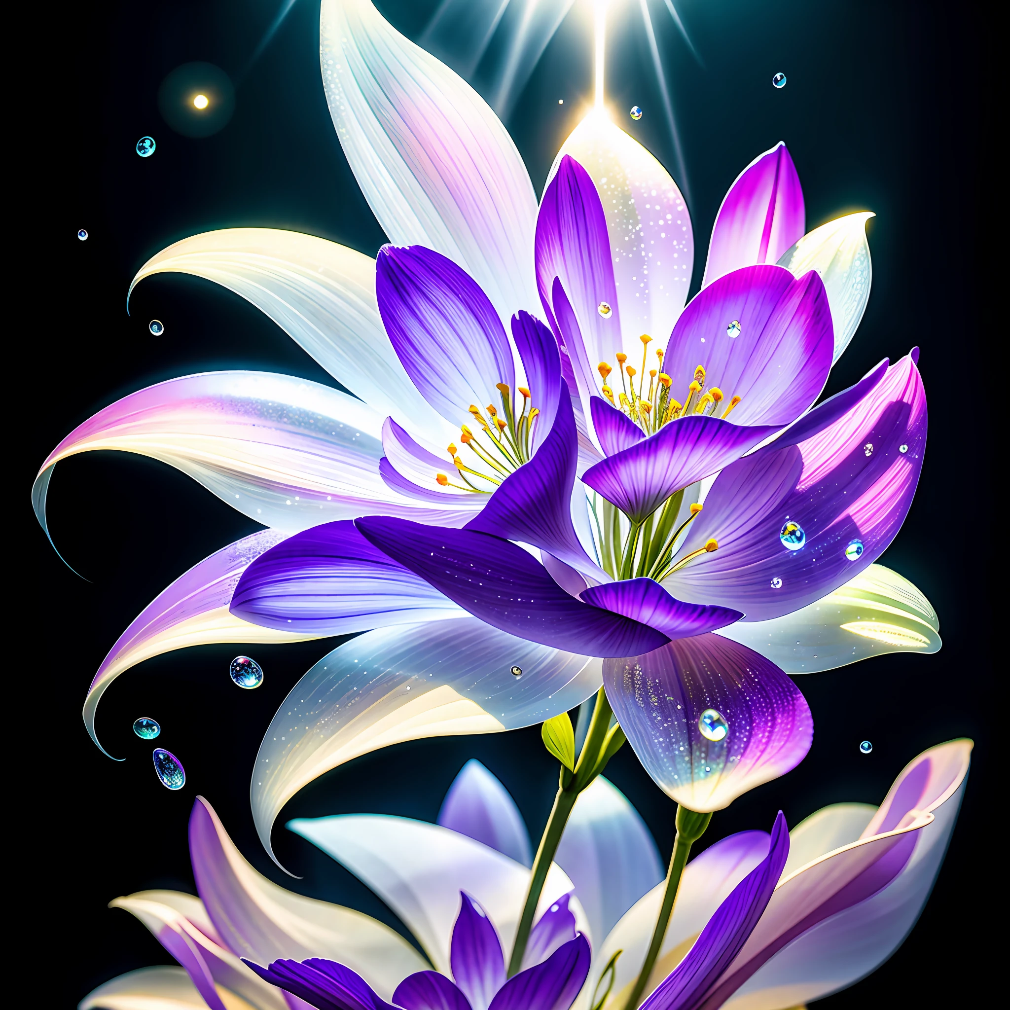 bouquet of delicate flowers Violet, super transparent, holy light, beautiful spectral light, petals glow, flashing, dark background, drops of light transparent, reflective light, bright, light flowing in, optics, profile portrait, sharp focus, magical, intricate, ultra realistic, fantasy, composition, light, trend in artstation, pearl, silver vapor patronus cloud, family of corrosive enveloping rays, 8k, ureal air 23v4 uplight