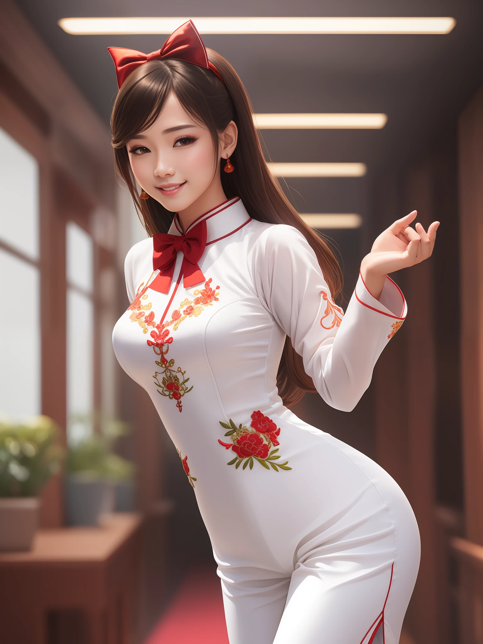 1girl, (best quality, masterpiece, ultra high resolution),(photorealistic:1.3), (realistic:1.3),(long legs:1.3), (closed mouth), (light smile:1.2), (long white ao dai:1.2), (Embroidered:1.2), (long trousers:1.2), (red bow tie:1.2),(day:1.3), (bright lights:1.3), indoors, busty, dynamic pose, vivacious and seductive,(standing), (slender), (slender legs), (busty:1.2), (facing to the side), shiny skin, nose blush, (male focus, from below:1.2), (lower body:1.2),