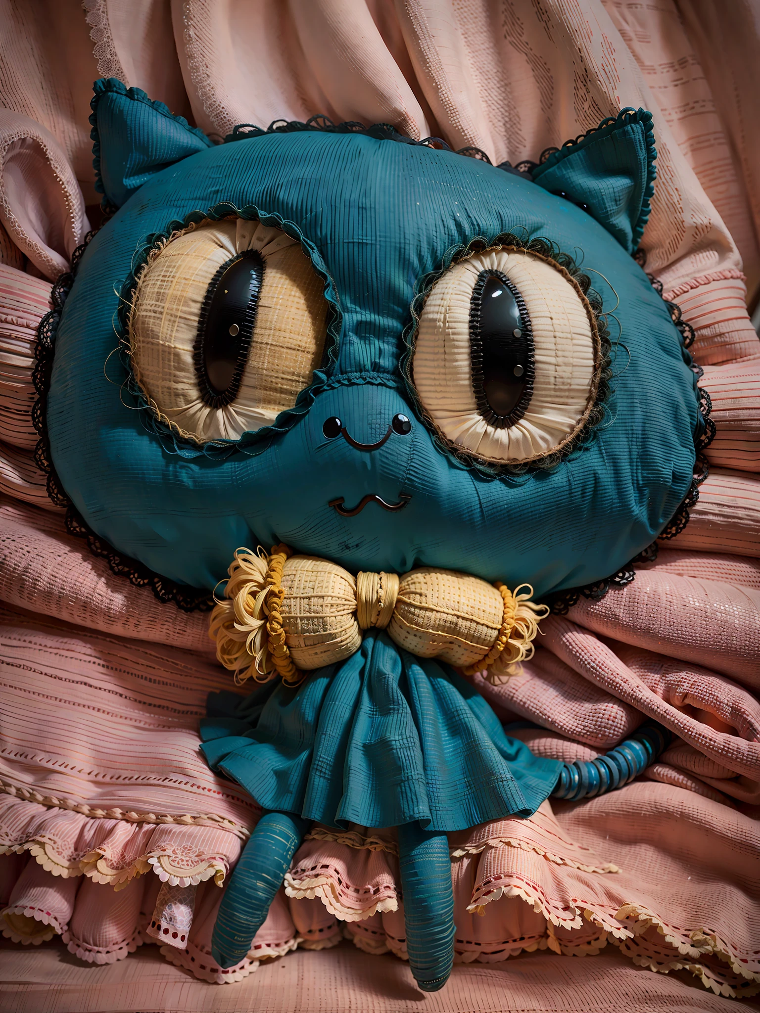 A cute rag doll, linen quality, cute look, real sense rendering, rag doll, eyes nose mouth, cat puppet, doll background blur, HD, 8K, realism, dark yellow light,