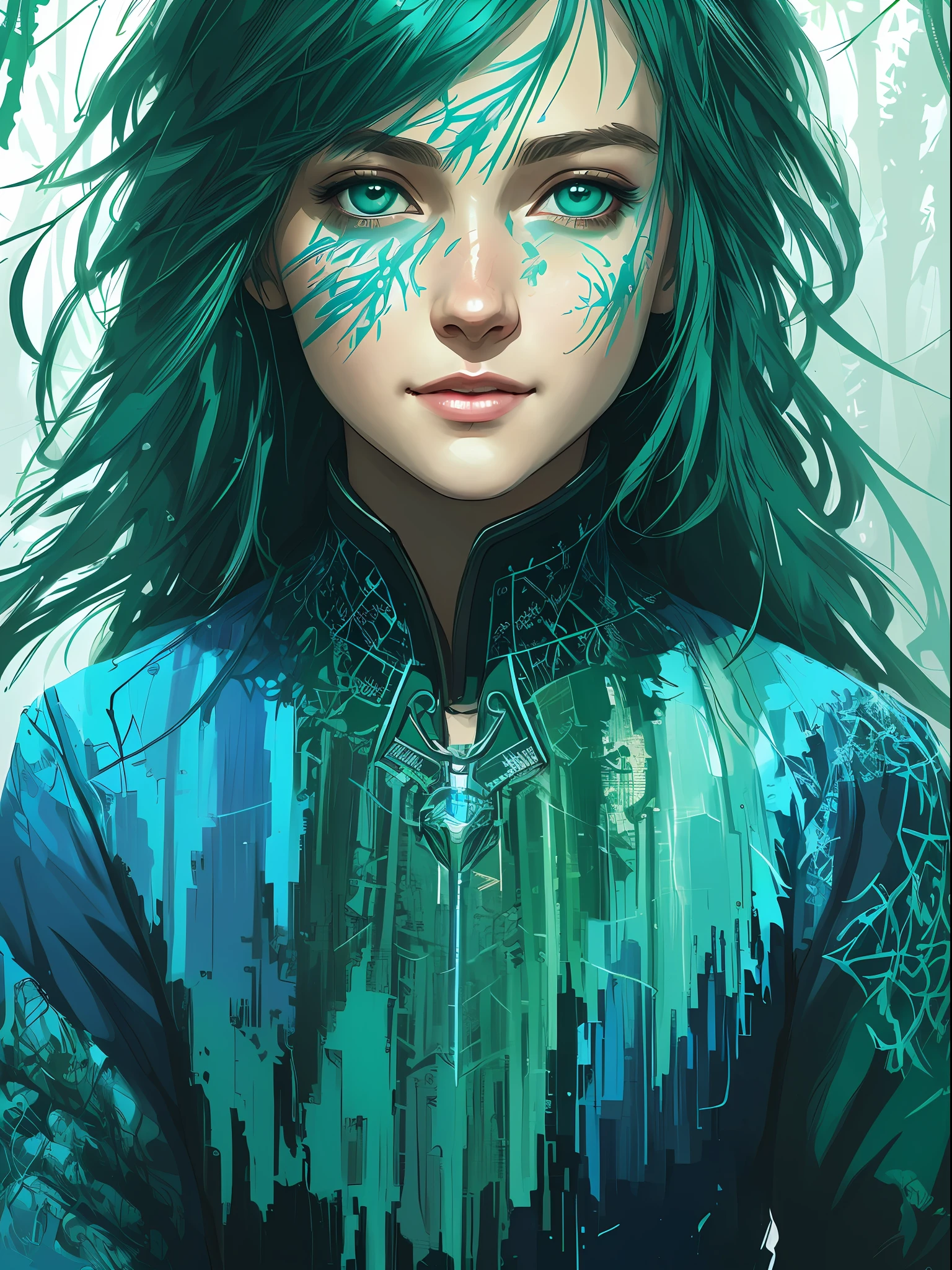 happy girl, centered, looking at the camera, approaching perfection, dynamic, (shades of blue and ((forest green:1.2)))), highly detailed, digital painting, art station, concept art, smooth, sharp focus, illustration, art by Carne Griffiths and Wadim Kashin, detailed face, 4k