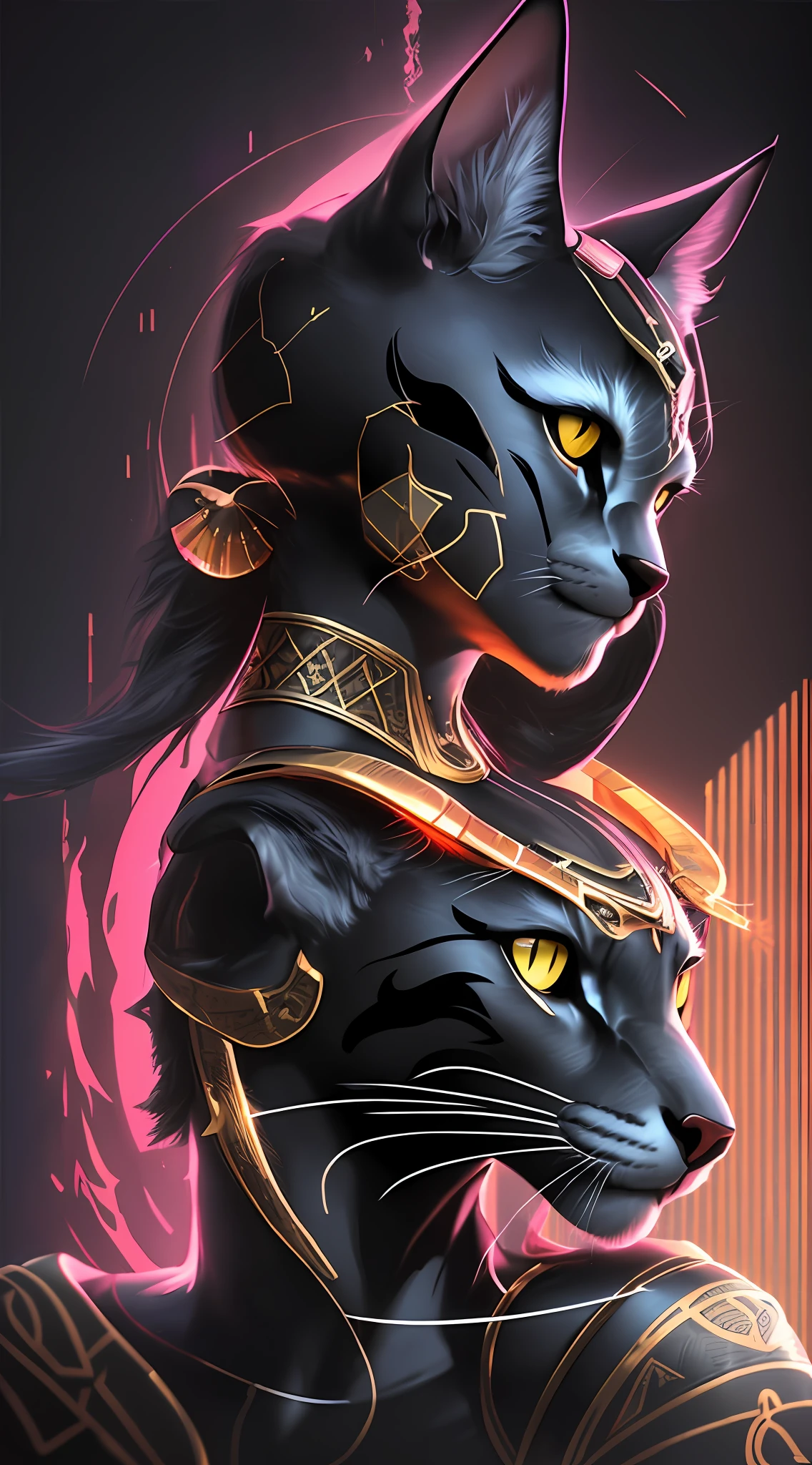 Hyperrealistic bust of the feline Goddess Bastet as a black cat, hand close to face, red scratch on face, perfect hand, simple adornment on the head, slightly in profile, ((inkblots)), ((colored inkbaffes)), in the style of the artist Android Jones, mystical colors, rim light, (((dramatic and dark lighting)))), 8k, stunning scene, raytracing, octane, trend in artstation