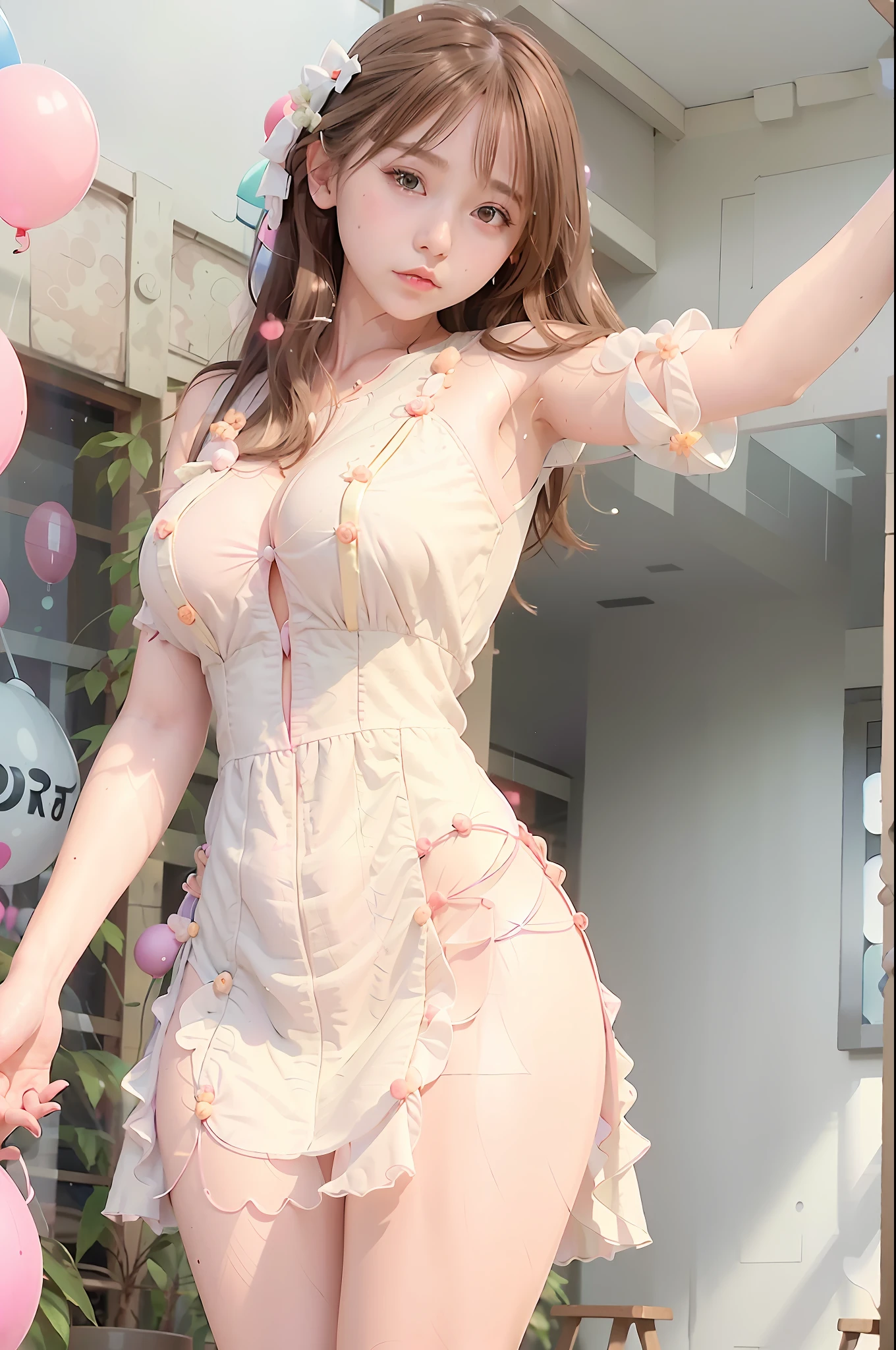 (MASTERPIECE:1.2),(CGI ART:1.3),(REALISTIC:1.5),(POST PROCESSING:1.3),(SHARP FOCUS:1.3),8K,1 girl in bedroom, ((UPPER BODY)), ((white dress)), (((shiny skin))), (wide shot:1.4), window, (((Pastel balloons MESS IN BACKGROUND))), (high shadows detail), (ILLUSTRATION:1.2), (ulzzang-6500 :1.0), ((HDR)),