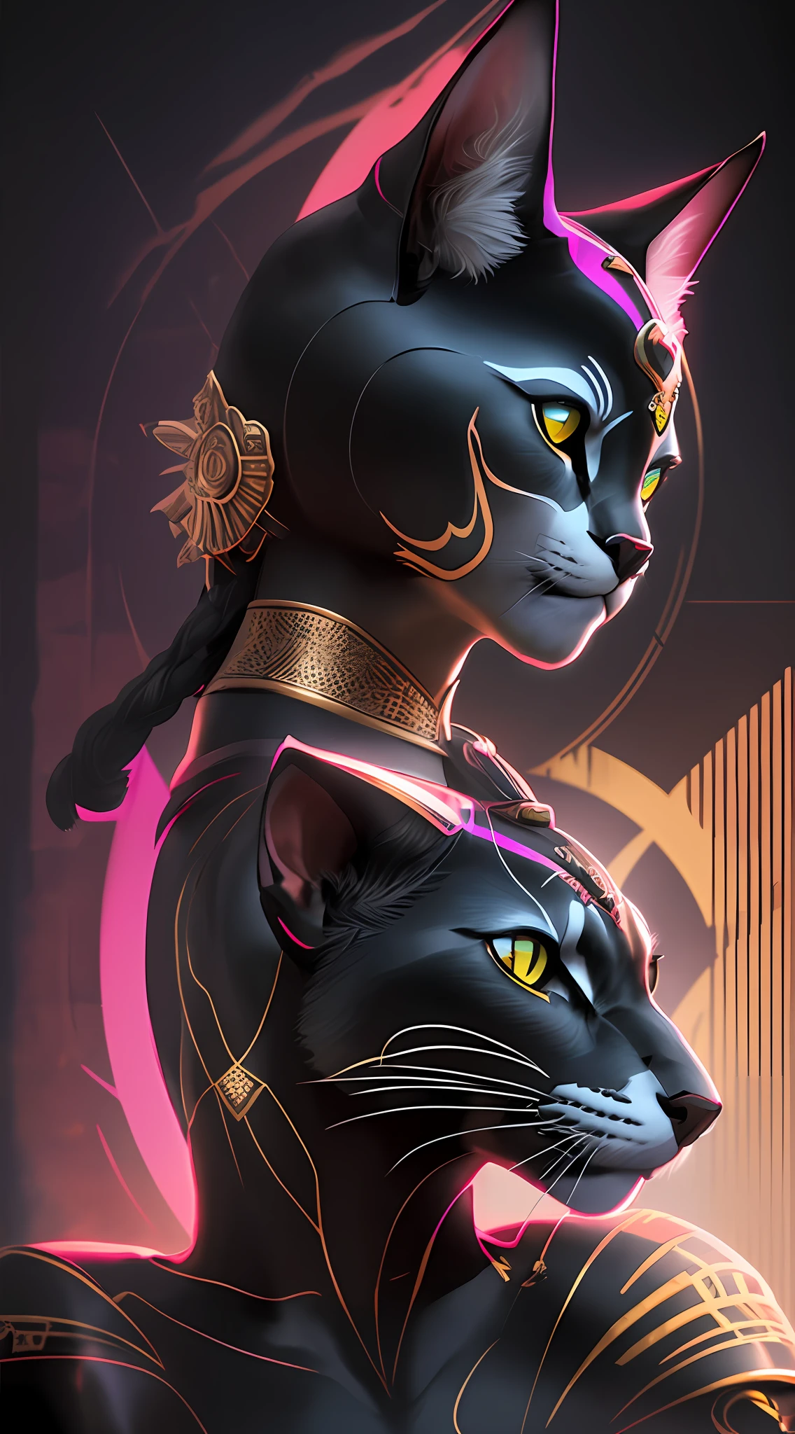 Hyperrealistic bust of the feline Goddess Bastet as a black cat, hand close to face, red scratch on face, perfect hand, simple adornment on the head, slightly in profile, ((inkblots)), ((colored inkbaffes)), in the style of the artist Android Jones, mystical colors, rim light, (((dramatic and dark lighting)))), 8k, stunning scene, raytracing, octane, trend in artstation