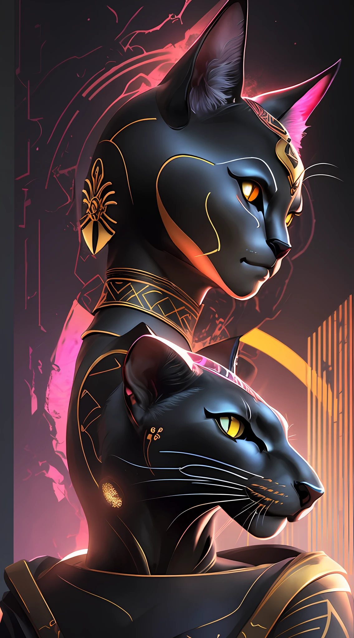 Hyperrealistic bust of the feline Goddess Bastet as a black cat, hand close to face, red scratch on face, perfect hand, simple adornment on the head, slightly in profile, ((inkblots)), ((colored inkbaffes)), in the style of the artist Android Jones, mystical colors, rim light, (((dramatic and dark lighting)))), 8k, stunning scene, raytracing, octane, trend in artstation