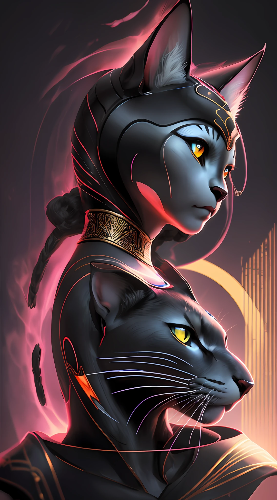 Hyperrealistic bust of the feline Goddess Bastet as a black cat, hand close to face, red scratch on face, perfect hand, simple adornment on the head, slightly in profile, ((inkblots)), ((colored inkbaffes)), in the style of the artist Android Jones, mystical colors, rim light, (((dramatic and dark lighting)))), 8k, stunning scene, raytracing, octane, trend in artstation