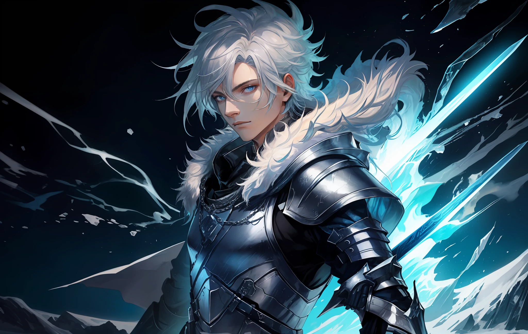 an attractive young man in silver armor with a bright silver curved sword, long indigo robes under the armor with white fur on the edges of the clothes, indigo hood and cape on the shoulders of the armor, cold look, silver hair up to the neck, light blue eyes, ((dynamic angle camera shot))),  dynamic pose, saturated color, Tenebrism style art painting, oil on canvas, ice world background landscape,