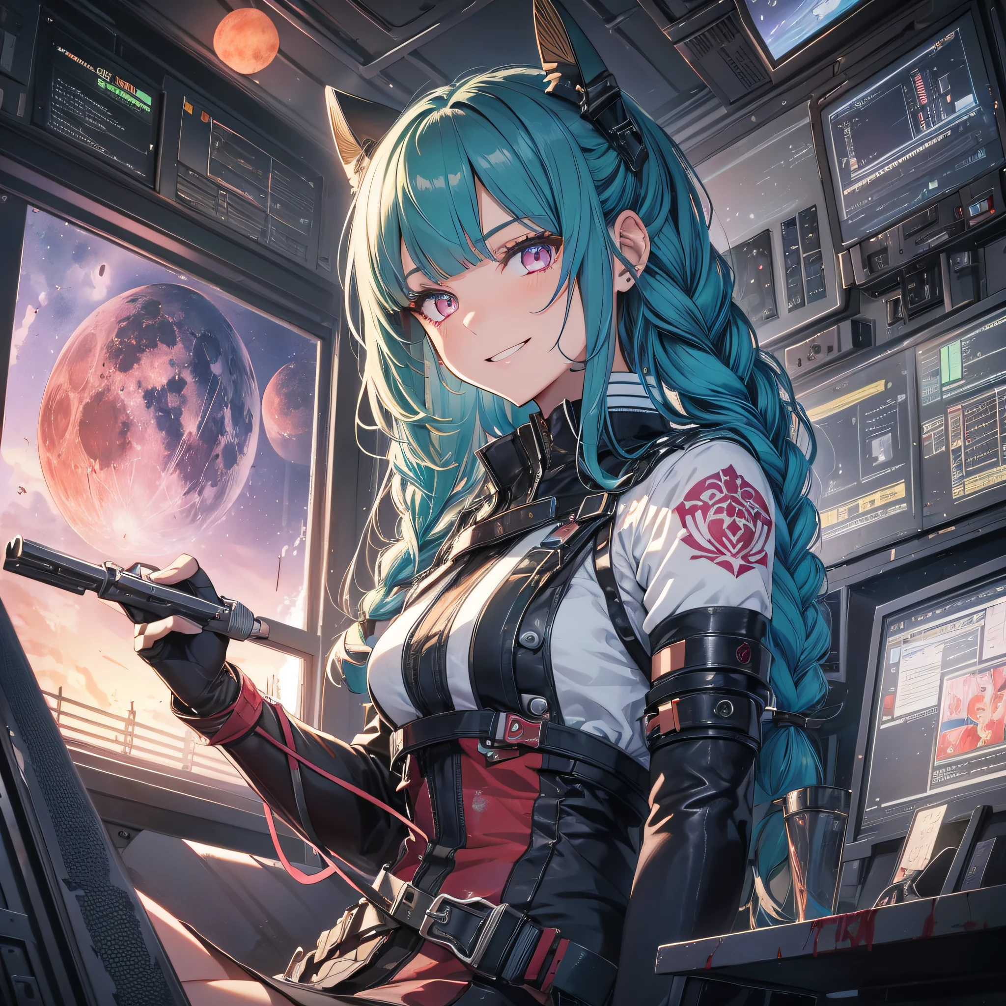 Absurd resolution, high resolution, (masterpiece: 1.4), hyper-detailed, 1 young woman, arm tattoo, asymmetrical bangs, bangs, blue hair, braids, pilot outfit, looking at the audience, crazy look (1.1), green hair, long hair, pink eyes, solo, standing, tattoo, double braids, sitting in an extremely narrow and closed mech control room (1.3), night outside the window (1.1), blood moon (1.1), cruel bloodthirsty and excited grin (1.5)