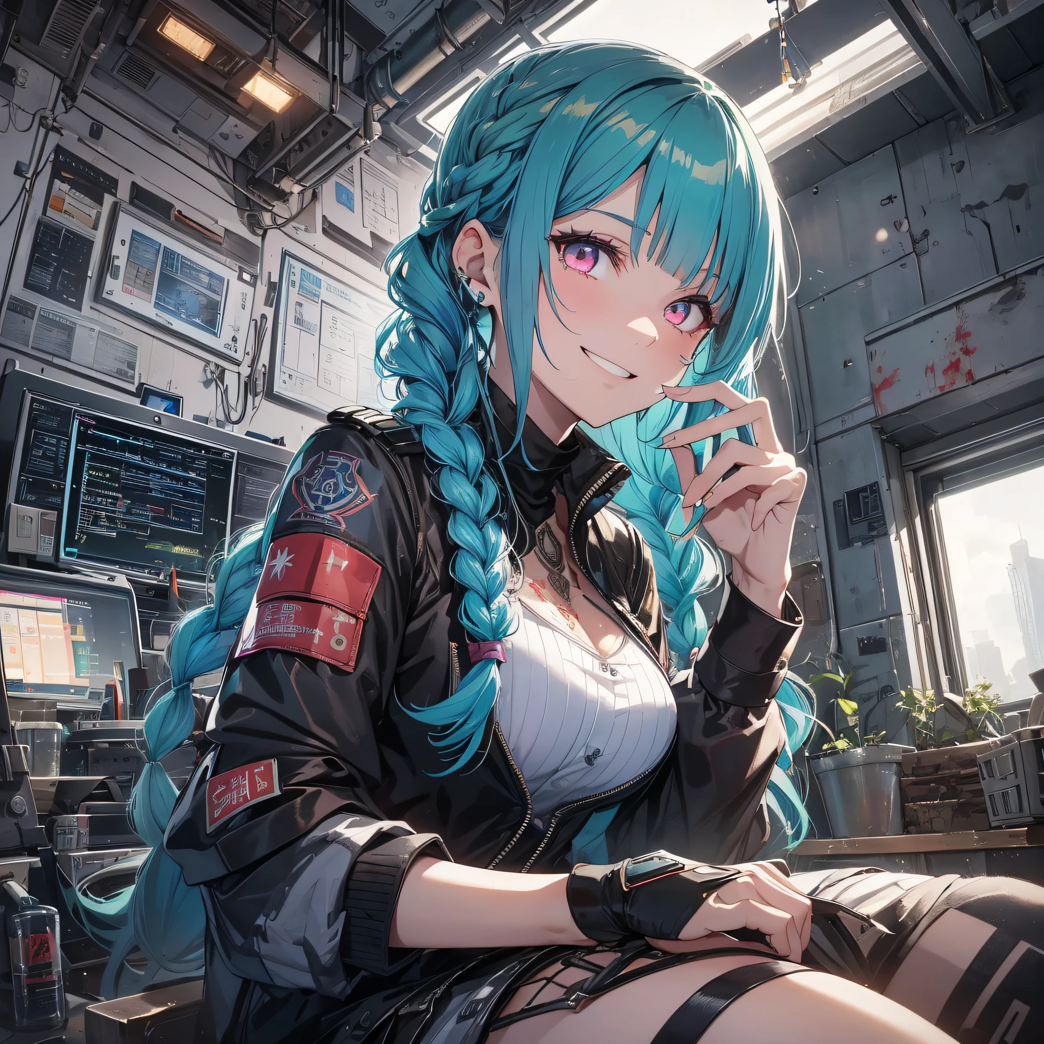 Absurd resolution, high resolution, (masterpiece: 1.4), hyper-detailed, 1 young woman, arm tattoo, asymmetrical bangs, bangs, blue hair, braids, pilot outfit, looking at the audience, crazy look (1.1), green hair, long hair, pink eyes, solo, standing, tattoo, double braids, sitting in an extremely narrow and closed mech control room (1.3), night outside the window (1.1), blood moon (1.1), cruel bloodthirsty and excited grin (1.5)