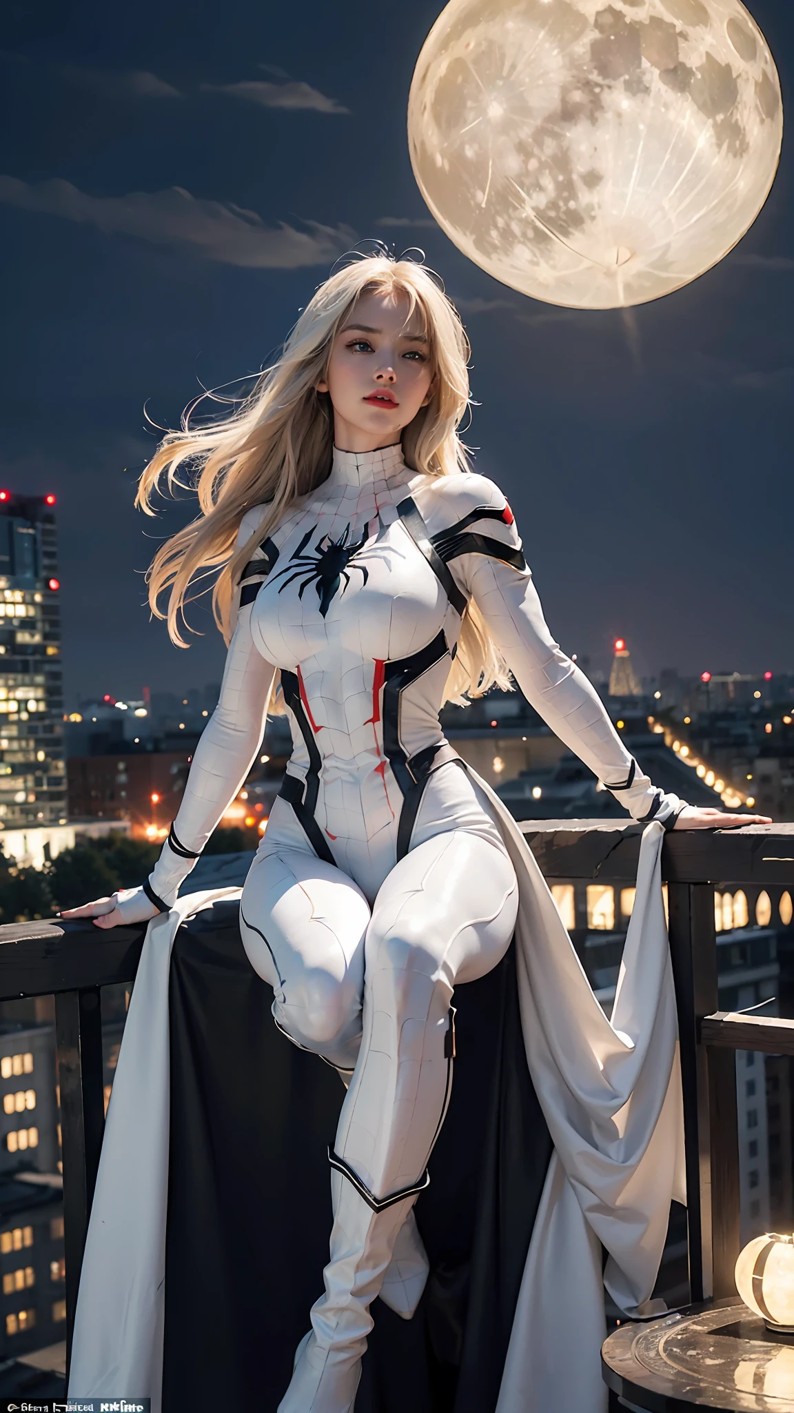 (Masterpiece, 4k resolution, ultra-realistic, very detailed), (White superhero theme, charismatic, there's a girl on top of town, wearing Spider-Man costume, she's a superhero), [ ((25 years), (long white hair:1.2), full body, (blue eyes:1.2), ((Spider-Man pose),show of strength, jumping from one building to another), ((sandy urban environment):0.8)| (cityscape, at night, dynamic lights), (full moon))] # Explanation: The Prompt mainly describes a 4K painting of ultra-high definition, very realistic, very detailed. It shows a superheroine at the top of the city, wearing a Spider-Man costume. The theme in the painting is a white superhero theme, the female protagonist has long white hair, is 25 years old and her entire body is shown in the painting. In terms of portraying the actions of superheroines, spiders are employed