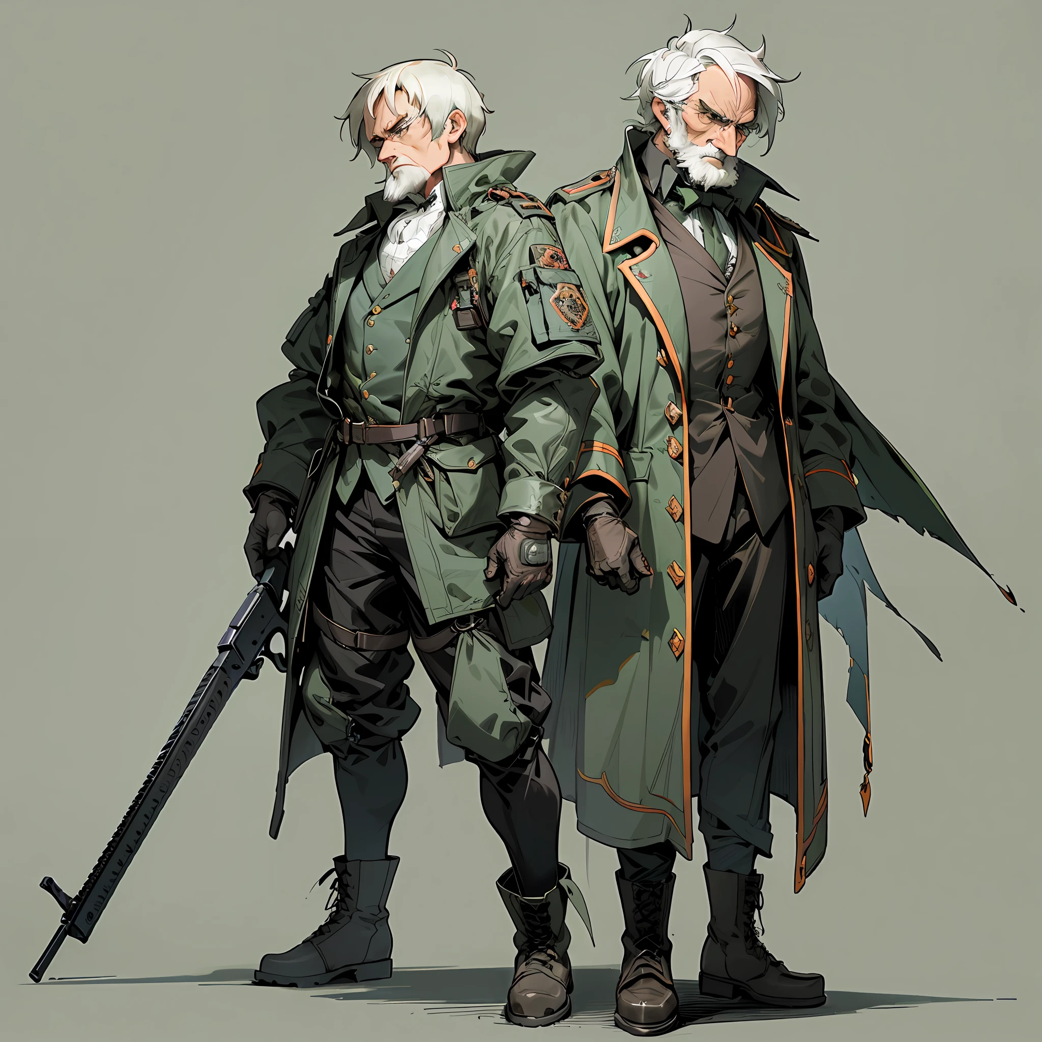 ((carl friedrich gauss)), middle age man dresses in a utilitarian style, emphasizing functionality, (wears a high-tech, lightweight tactical suit made of reinforced fabric, providing both protection and maneuverability), wears combat boots and gloves for added grip and protection, a tactical harness holds his gauss rifle securely on his back, full body, ((plain background))