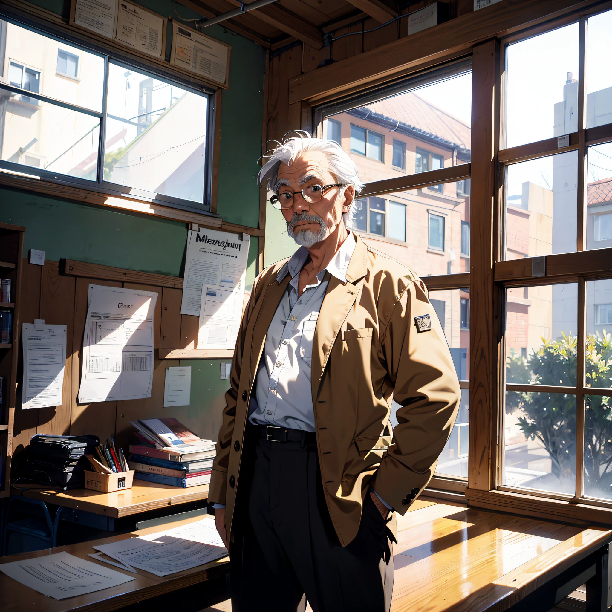 Absurd resolution, high resolution, (masterpiece:1.4), ultra-detailed, 1old man, view from front, school classroom, standing, looking at the camera from the front, Perfect Details, Clear Presentation, HD Details