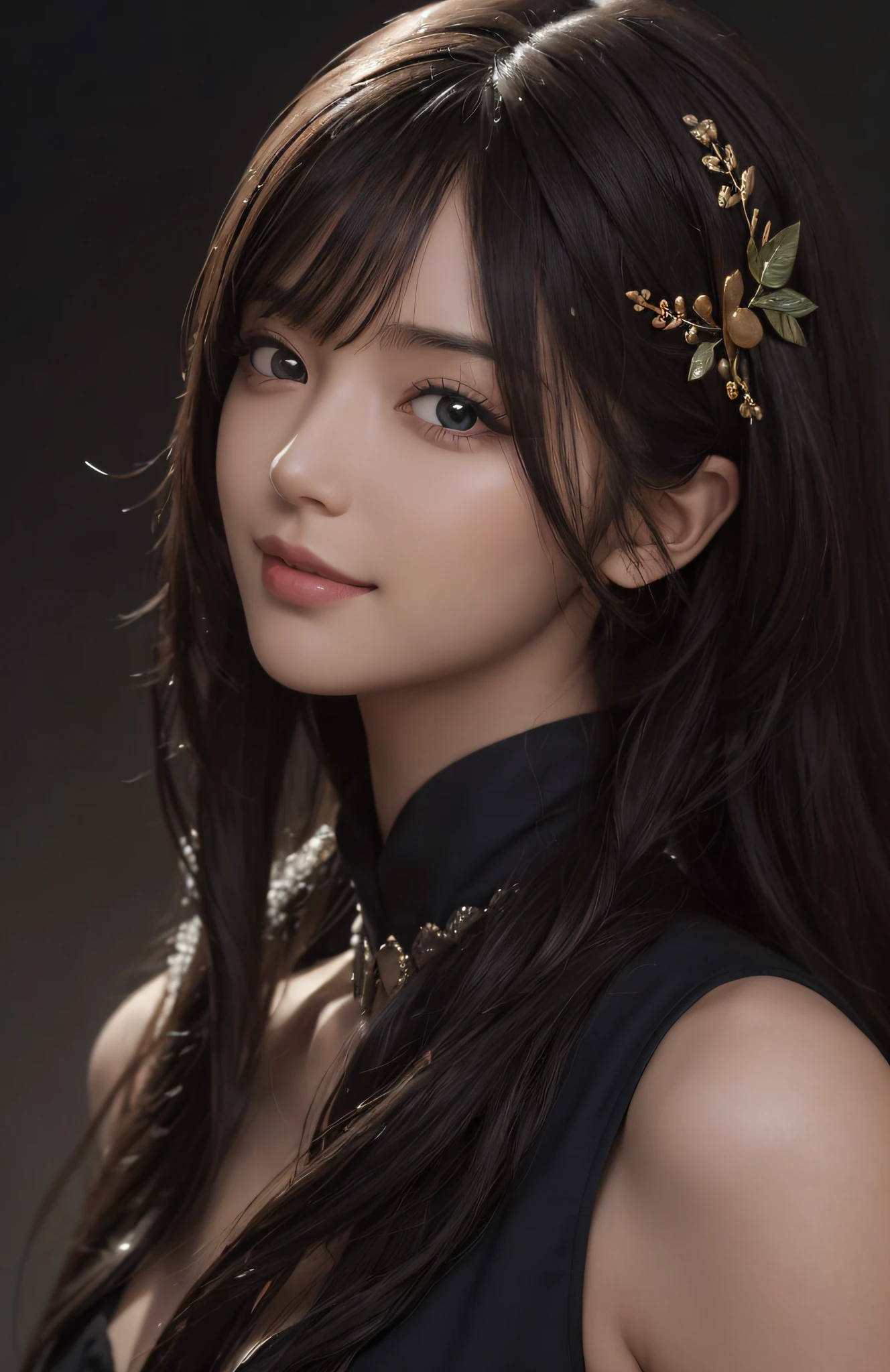 (Ultra Realistic), (Illustration), (Increased Resolution), (8K), (Extremely Detailed), (Best Illustration), (Beautiful and Detailed Eyes), (Best Quality), (Ultra Detailed), (Masterpiece ), ( wallpaper), (detailed face), solo, (1 girl with glaasses), looking at viewer, fine details, detailed face, in the dark, deep shadows, low key, pureerosfaceace_v1, smiling, long hair, black shawl straight hair , 46 points oblique bangs