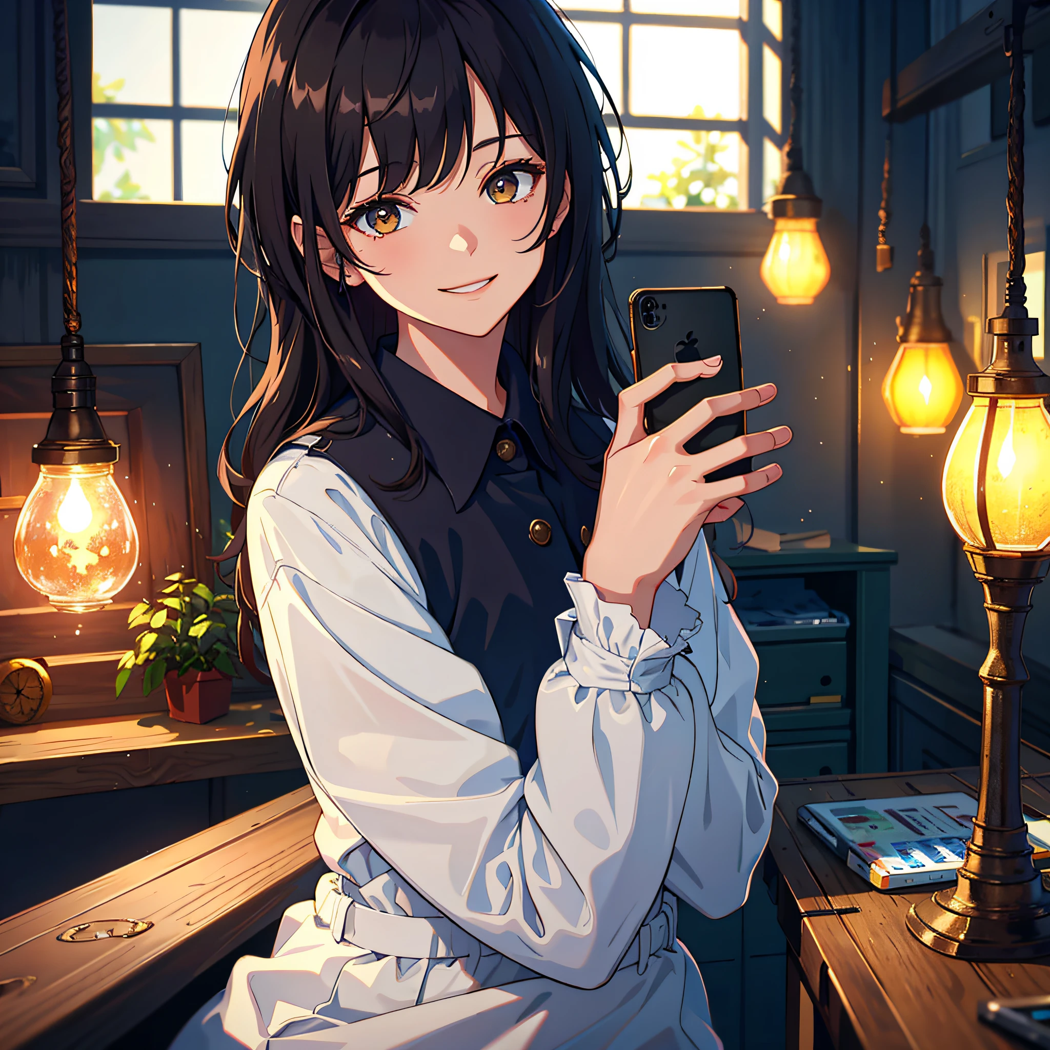 1boy, brunette hair, bad smile, night, holding phone, looking at phone, best quality, masterpiece, super high resolution, detail background, ((highest quality + illustration + masterpiece: 1.3 + super detail: 1.2)), indoors, holding phone, sitting, smiling, looking at phone, black sky, cinematic lighting, (color), (slow motion: 1.2), (soft light and shadow: 1.3).