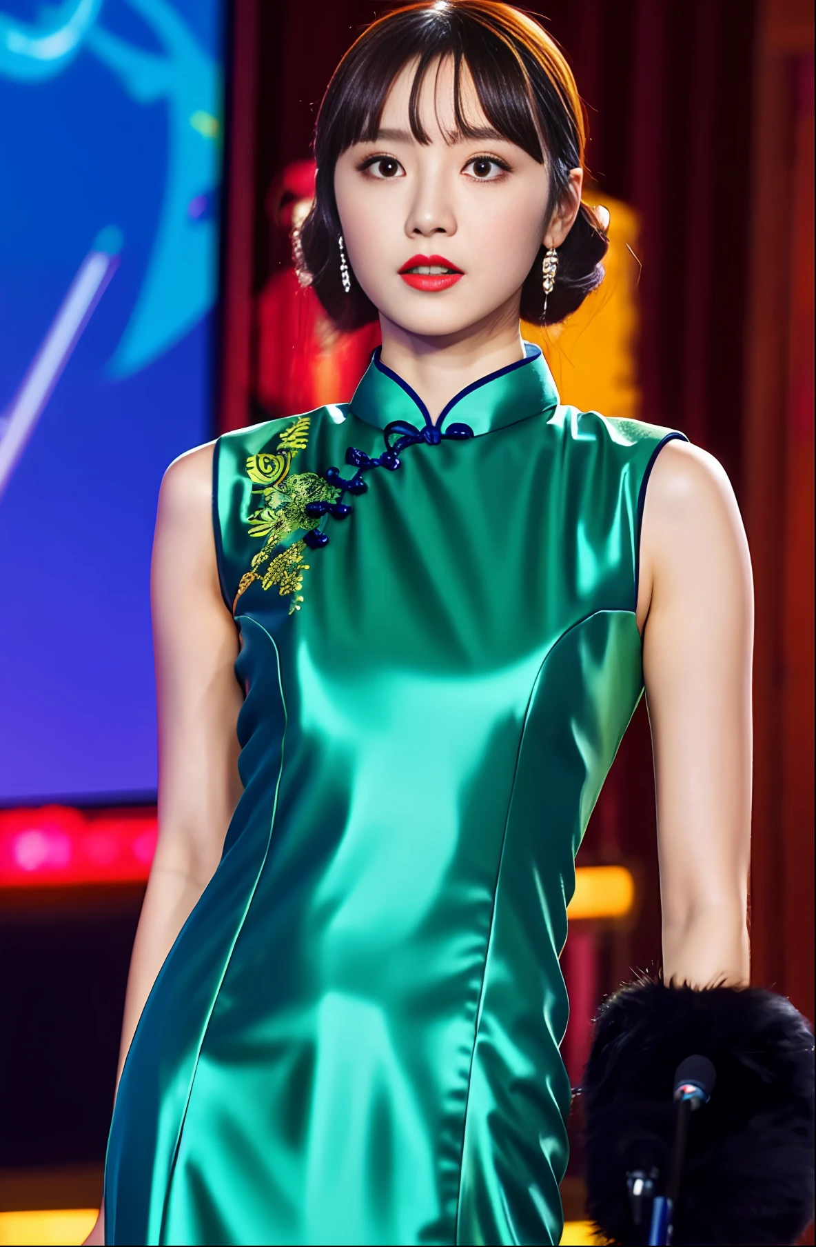 Realistic, high resolution, 1 girl in gorgeous cheongsam, fur, (raw photo,intricate ultra-detailed costumes: 1.4, extremely gorgeous costumes), 1930s Shanghai, cinematic lighting, vintage microphone, neon, masterpiece, perfect anatomy, perfect face, abstract beauty, illustration, best quality, (official art, extremely detailed CG Unity 8k wallpaper), highly detailed, absurd, 8k resolution, (((realistic))), (((realistic))), popular on art stations