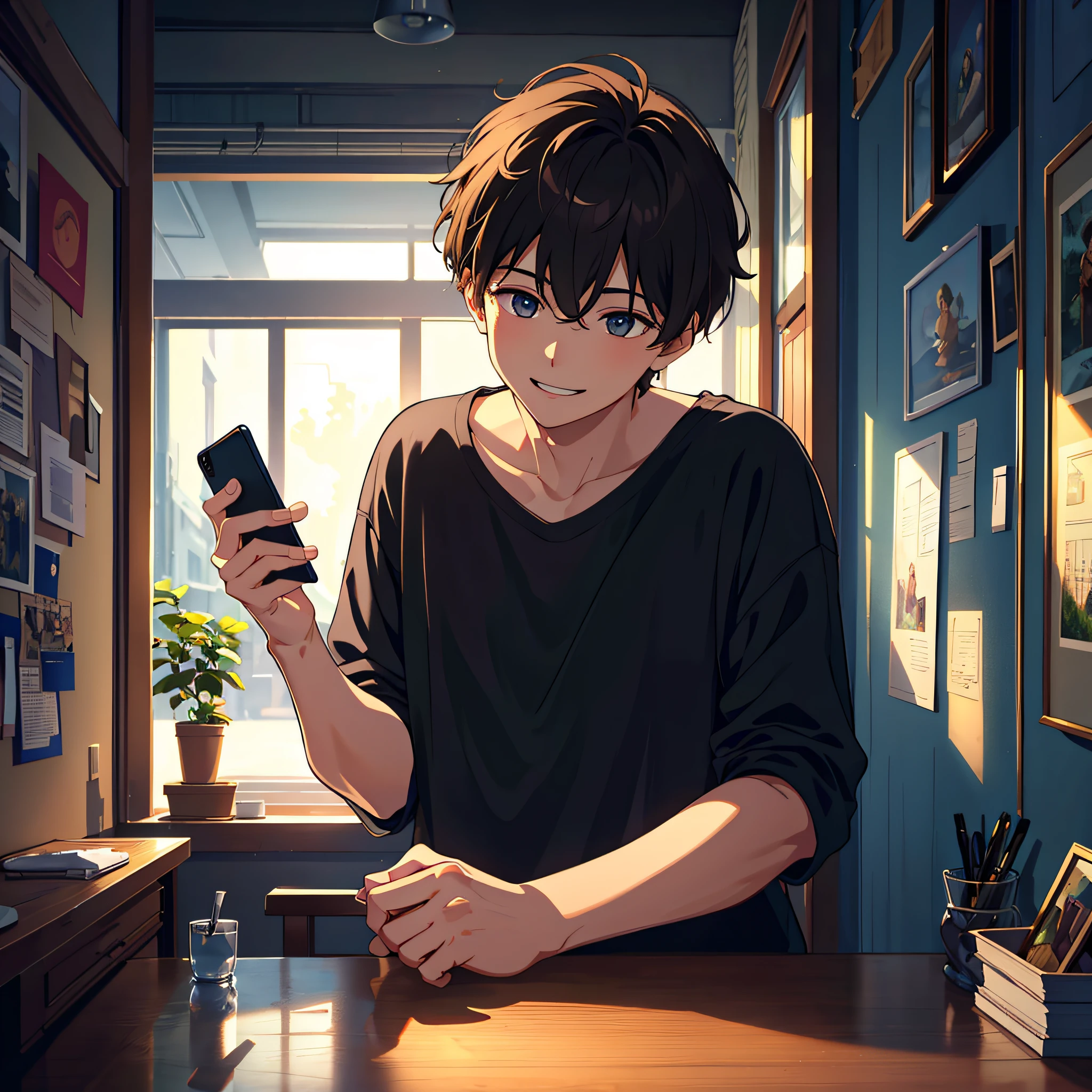 1boy, brunette hair, bad smile, night, holding phone, looking at phone, best quality, masterpiece, super high resolution, detail background, ((highest quality + illustration + masterpiece: 1.3 + super detail: 1.2)), indoors, holding phone, sitting, smiling, looking at phone, black sky, cinematic lighting, (color), (slow motion: 1.2), (soft light and shadow: 1.3).