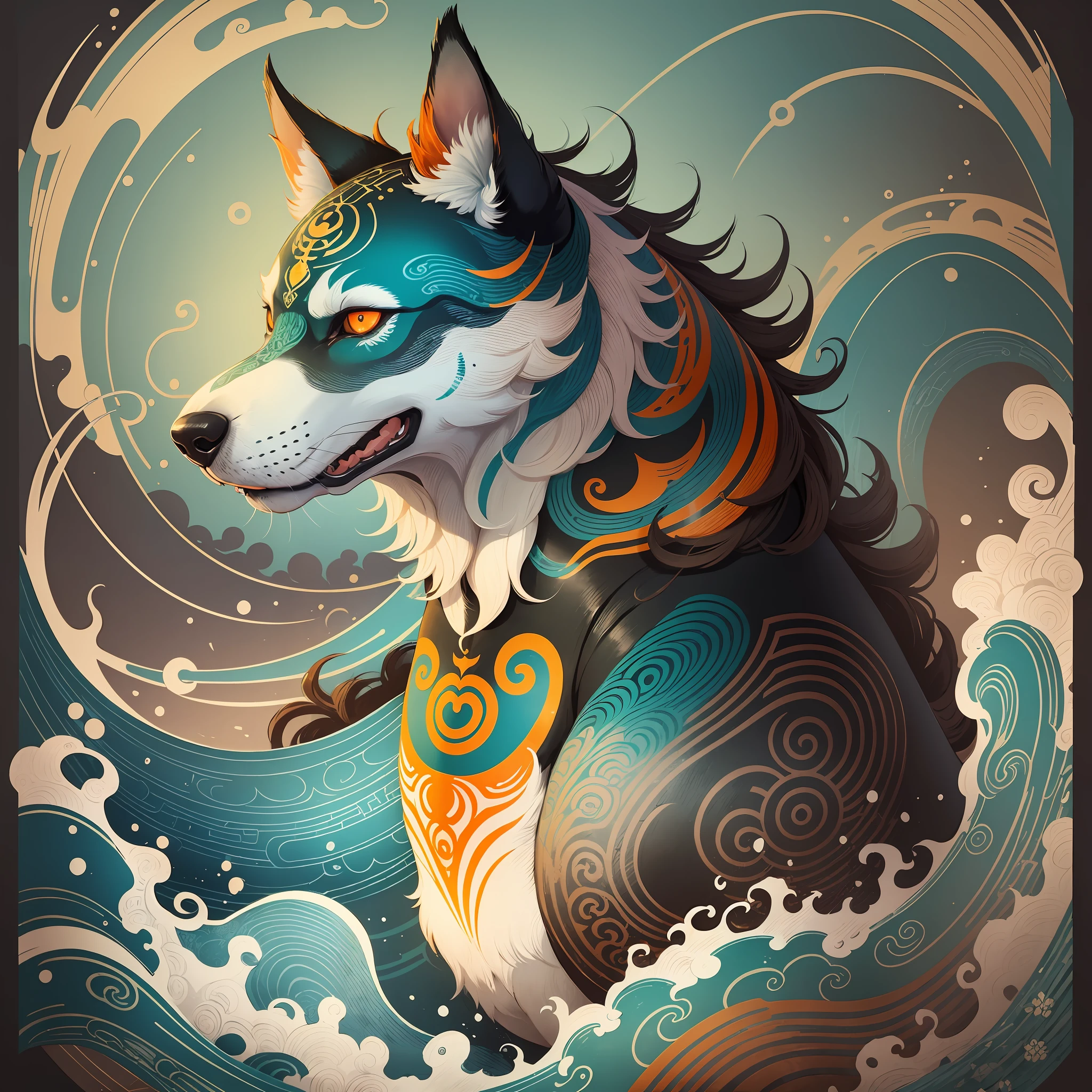 a drawing of a dog with a tattoo on his face, in the style of unique yokai illustrations, stormy seascapes, light brown and teal, elaborate costumes, wavy resin sheets, dark white and orange, heavy shading --niji 5