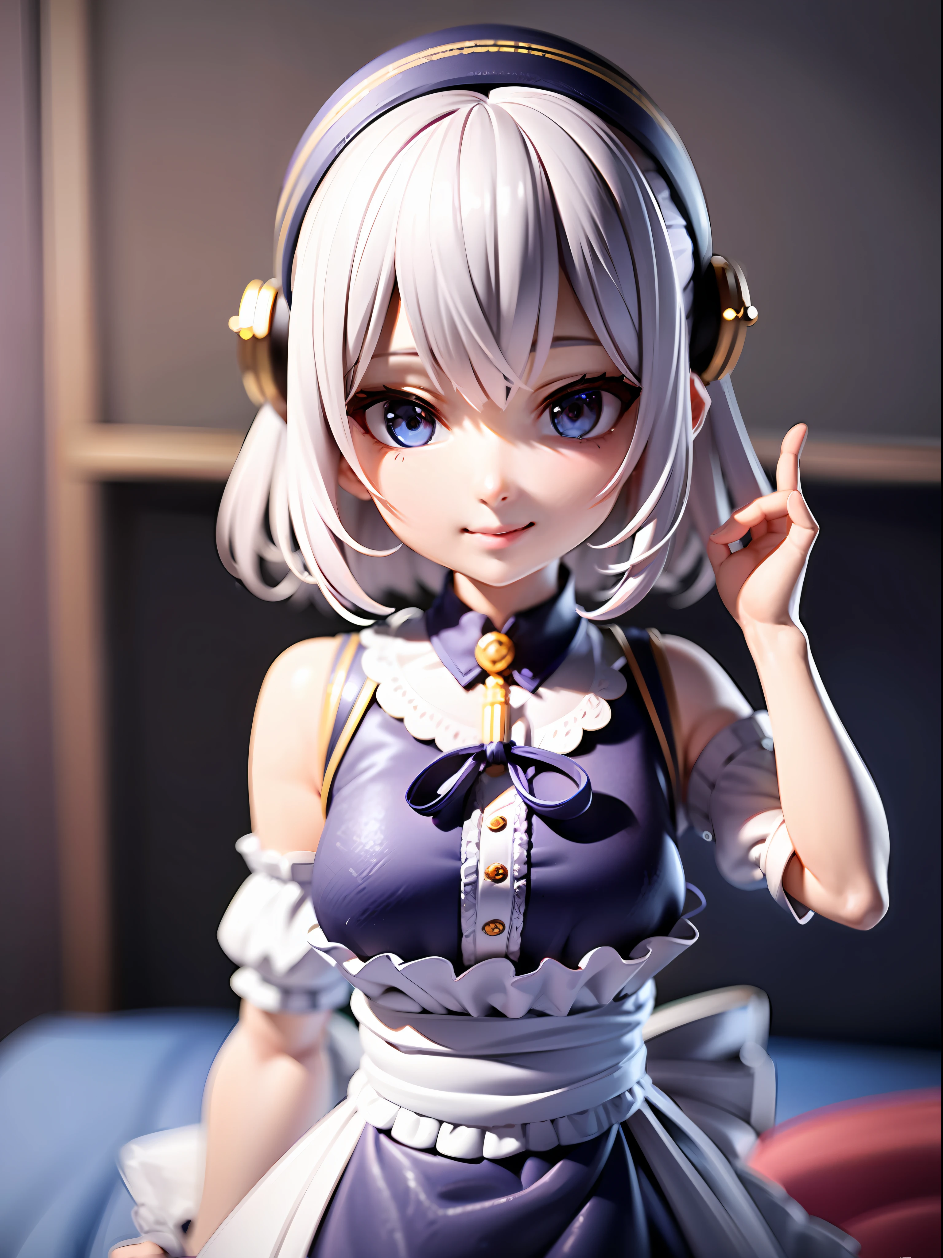 1girl,white hair,((bule hair tips)),black headphone,blue ribbon hairband,maid clothes(white blue),blue eye,hand up, short hair,hair between eyes BREAK full body, chibi, [realistic], [3d], (3dcg), ((octane render)), smile, closed mouth BREAK (8k, RAW photo, best quality, masterpiece:1.2), ultra high res, (((realistic, photo-realistic))), professional lighting, detailed lighting, professional photography, fisheye, dynamic angle, high quality, high res, extremely detailed, bloom BREAK depth of field, sketch, sharp focus, soft lighting, good composition, god light highlight, detailed, (((photorealistic details))), detailed skin, to8contrast style