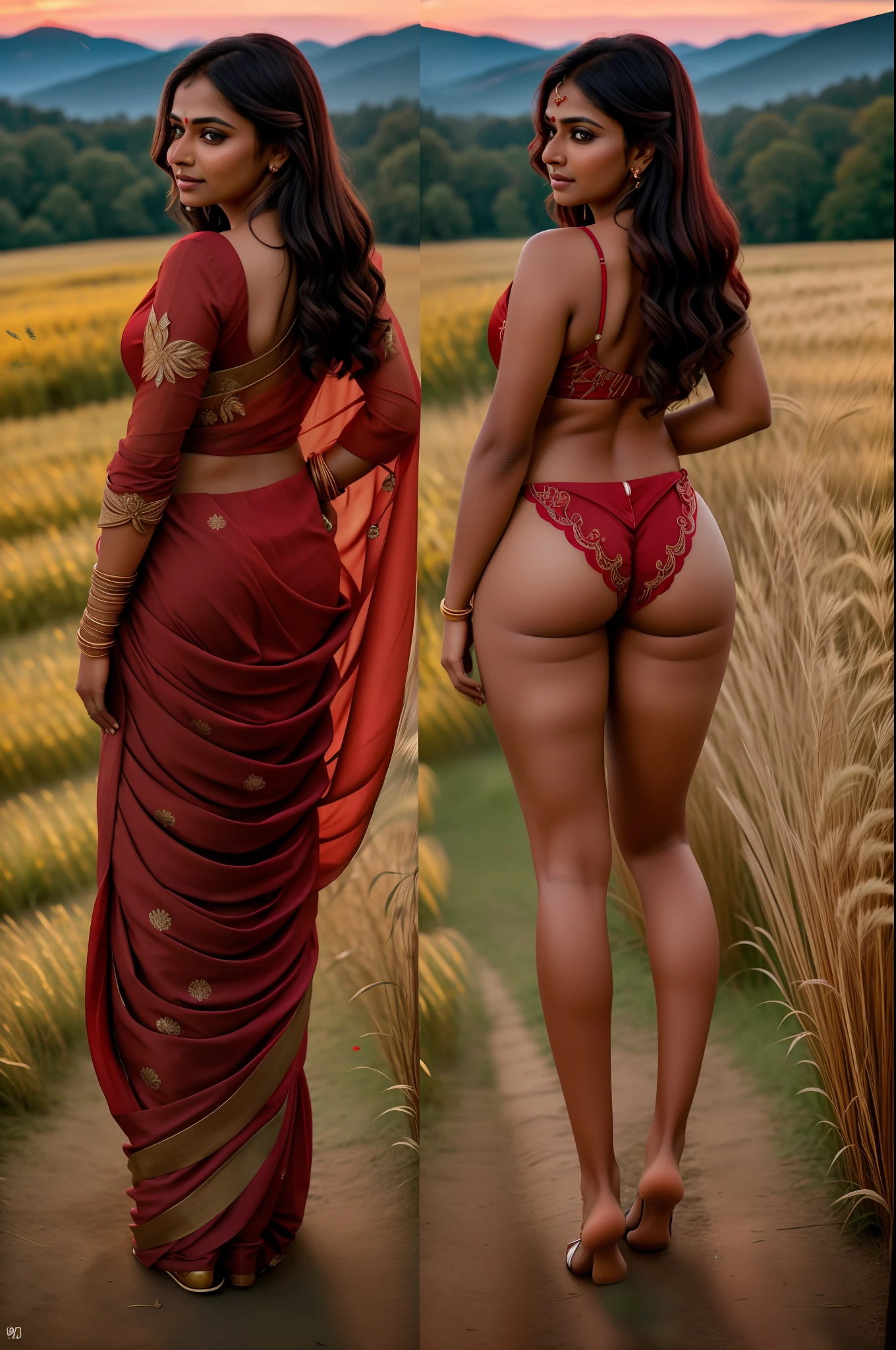 indian woman wearing a red wedding saree, outdoors, meadow,((no nudity)), 8k uhd, digital SLR camera, soft light, high quality, film grain,high detail,UHD, masterpiece, accurate, anatomically correct, super detail, high quality, 16k, highres, award winning, ((full body shot)), back view, looking at camera