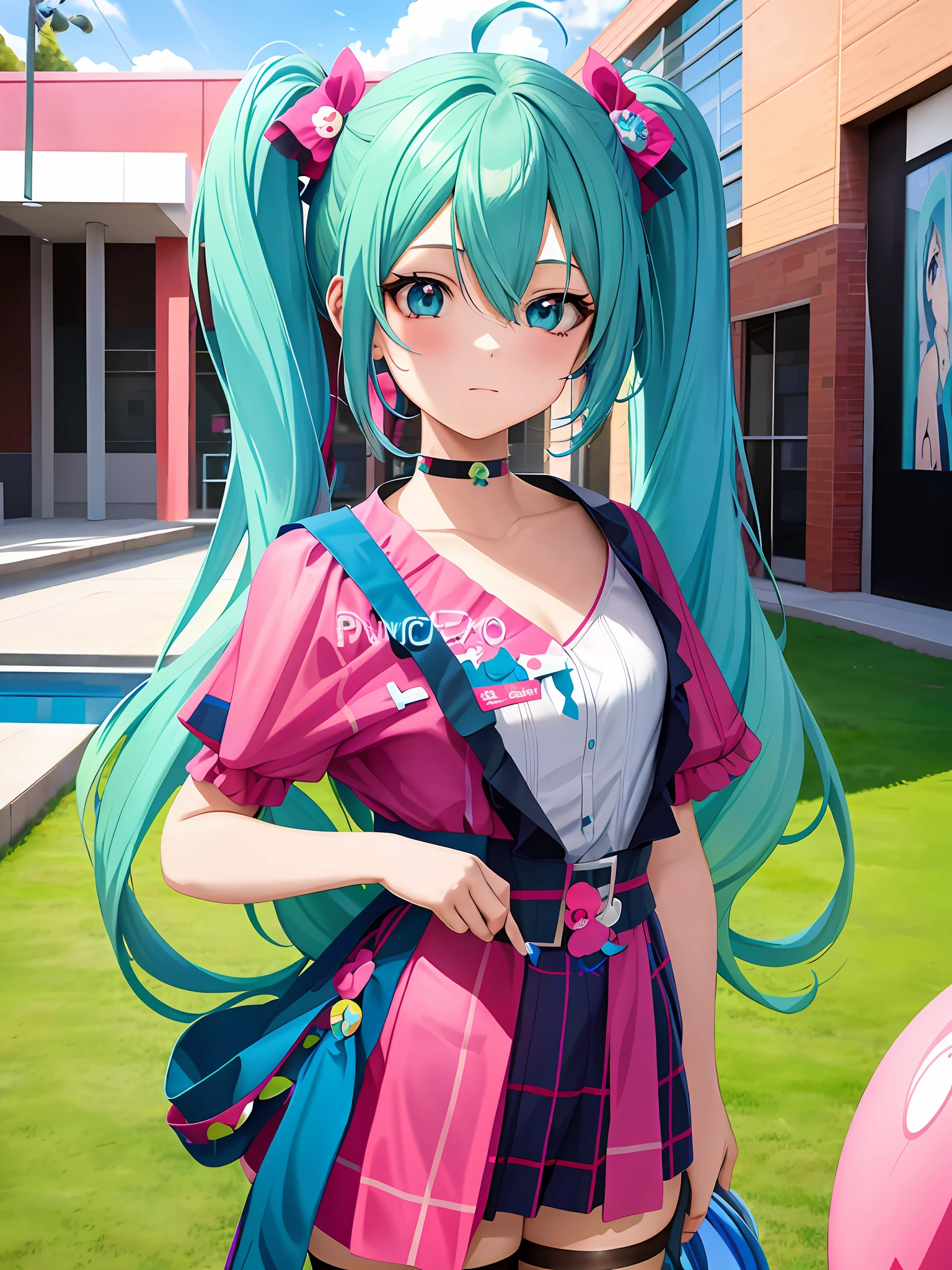 anime girl with blue hair and pink dress posing in front of a pool, mikudayo, hatsune miku portrait, portrait of hatsune miku, anime style 4 k, miku, pink twintail hair and cyan eyes, hatsune miku, anime moe artstyle, anime style. 8k, pixiv 3dcg, cute anime waifu in a nice dress