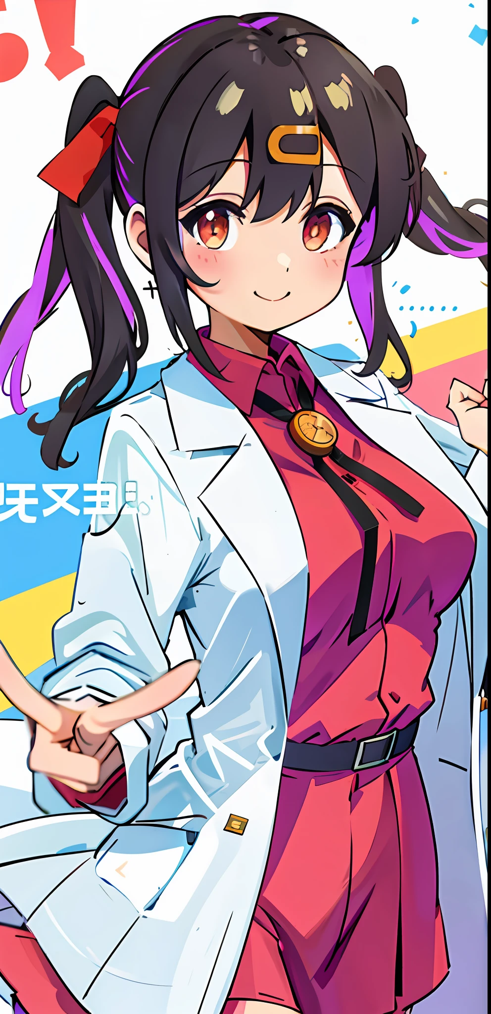 1girl, cowboy shot, straight-on, looking at viewer, light smile, blush stickers, (short twintails:1.2), black hair, hair ribbon, red ribbon, ((hairclip)), closed mouth, ((white long coat)), collared shirt, red shirt, labcoat, long sleeves, hands in pocket, belt, belt buckle, black miniskirt, solo, bare tree, building, city, cityscape, day, outdoors, street, tokyo \(city\), tree, pointing, large breast, smiling, large breast