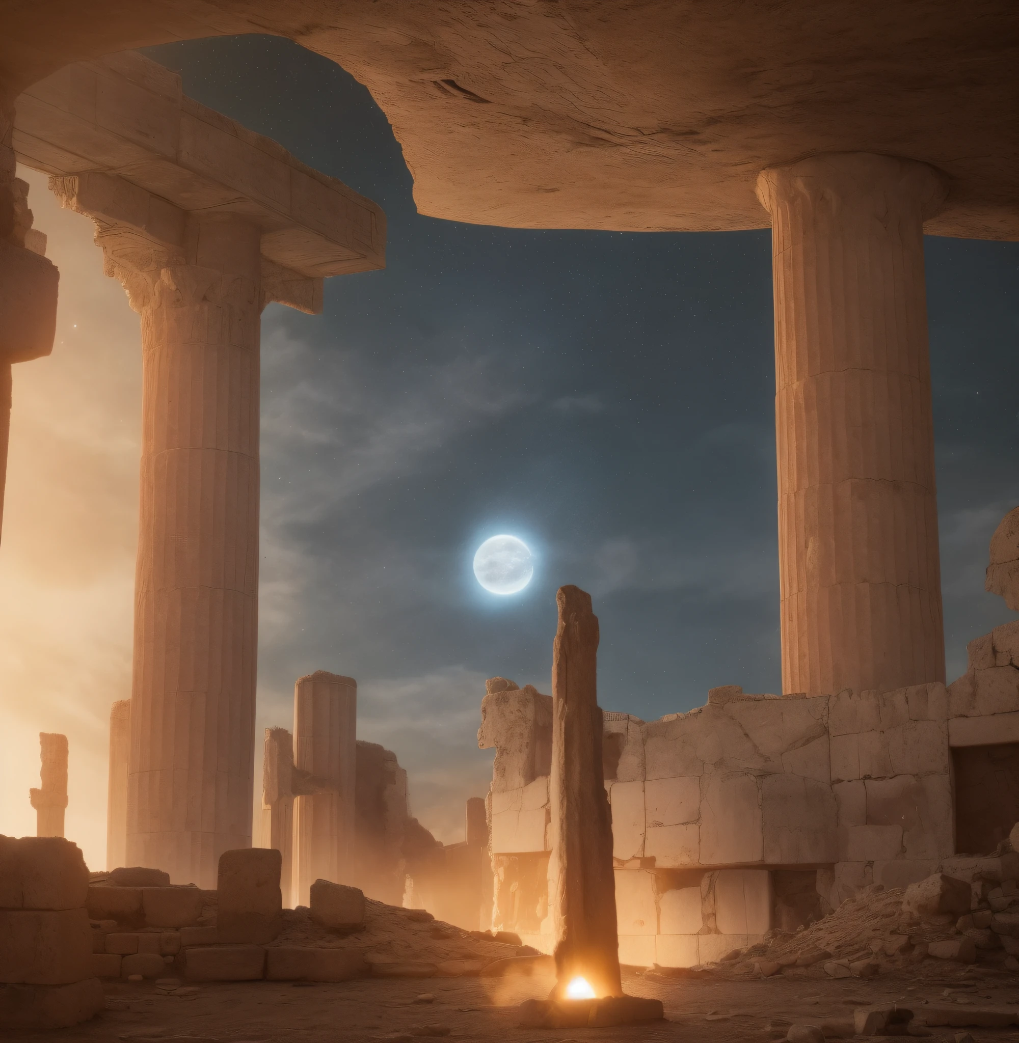 The Baalbek complex of buildings, the solar system in another dimension, other worlds, extraterrestrial giant beings perform a ritual, fire all around, celestial singularity, energy fields, gloomy image, horror
