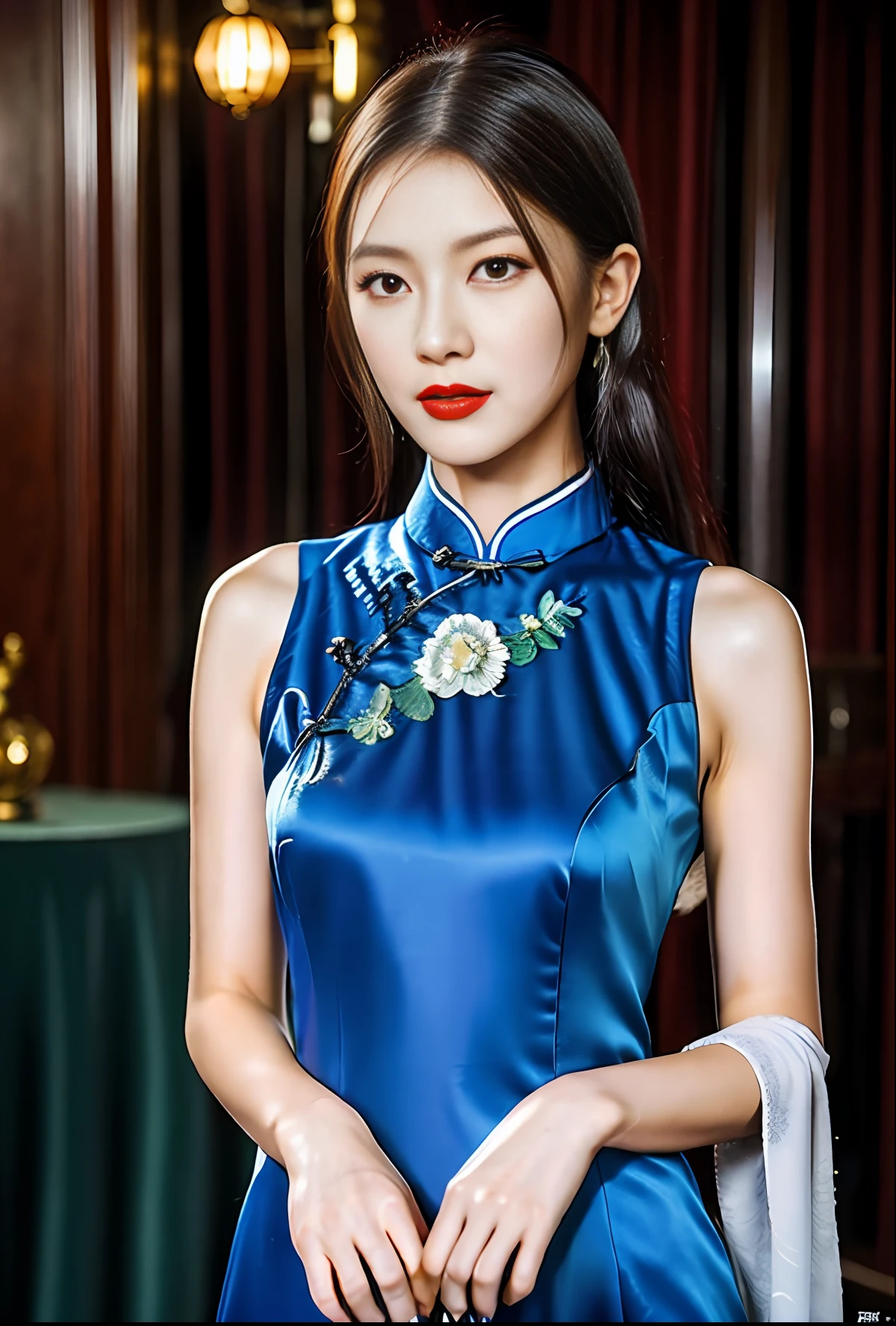 Realistic, high resolution, 1 girl in gorgeous cheongsam, fur, (raw photo,intricate ultra-detailed costumes: 1.4, extremely gorgeous costumes), 1930s Shanghai, cinematic lighting, vintage microphone, neon, masterpiece, perfect anatomy, perfect face, abstract beauty, illustration, best quality, (official art, extremely detailed CG Unity 8k wallpaper), highly detailed, absurd, 8k resolution, (((realistic))), (((realistic))), popular on art stations