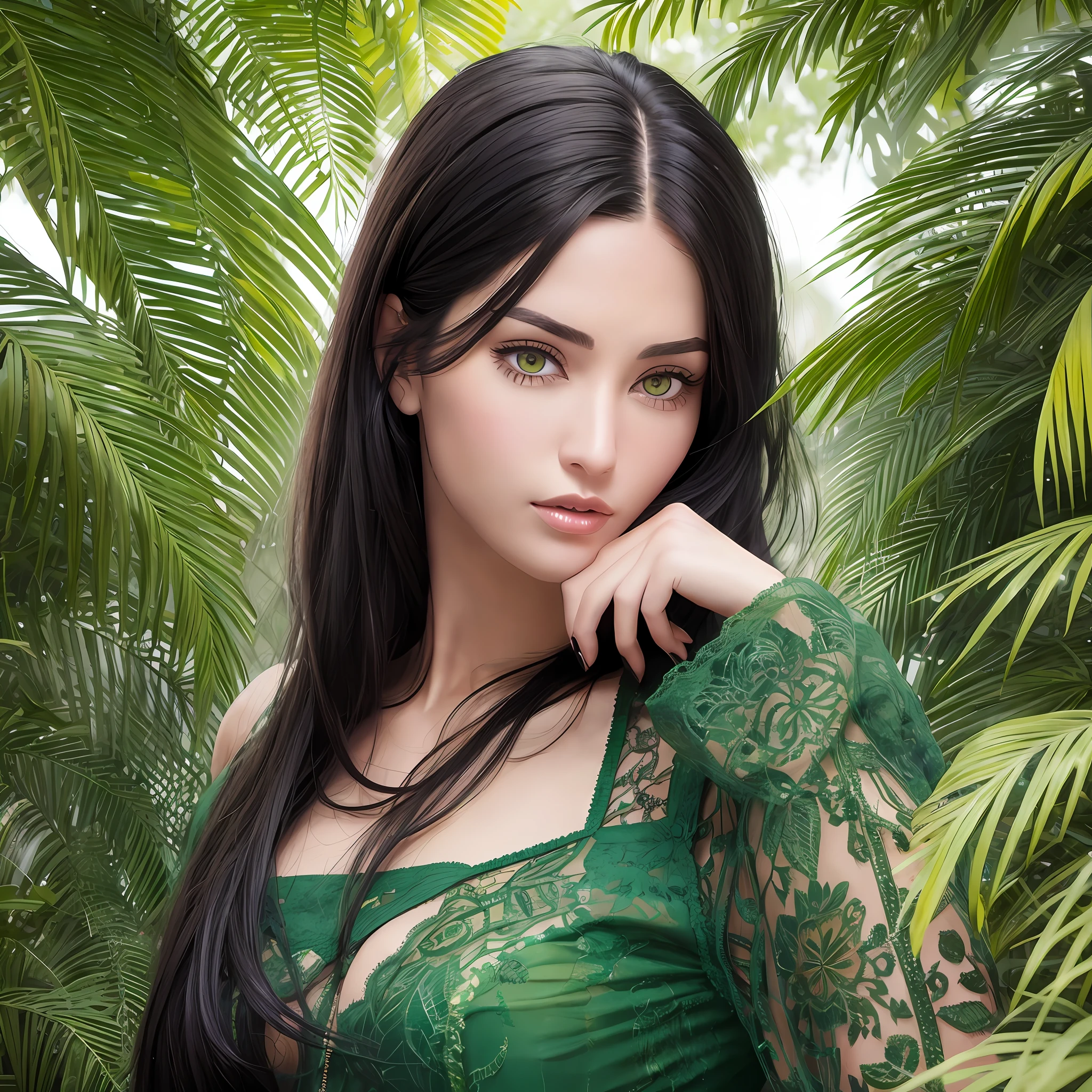 Tall beautiful woman with black hair and green eyes very realistic and detailed
