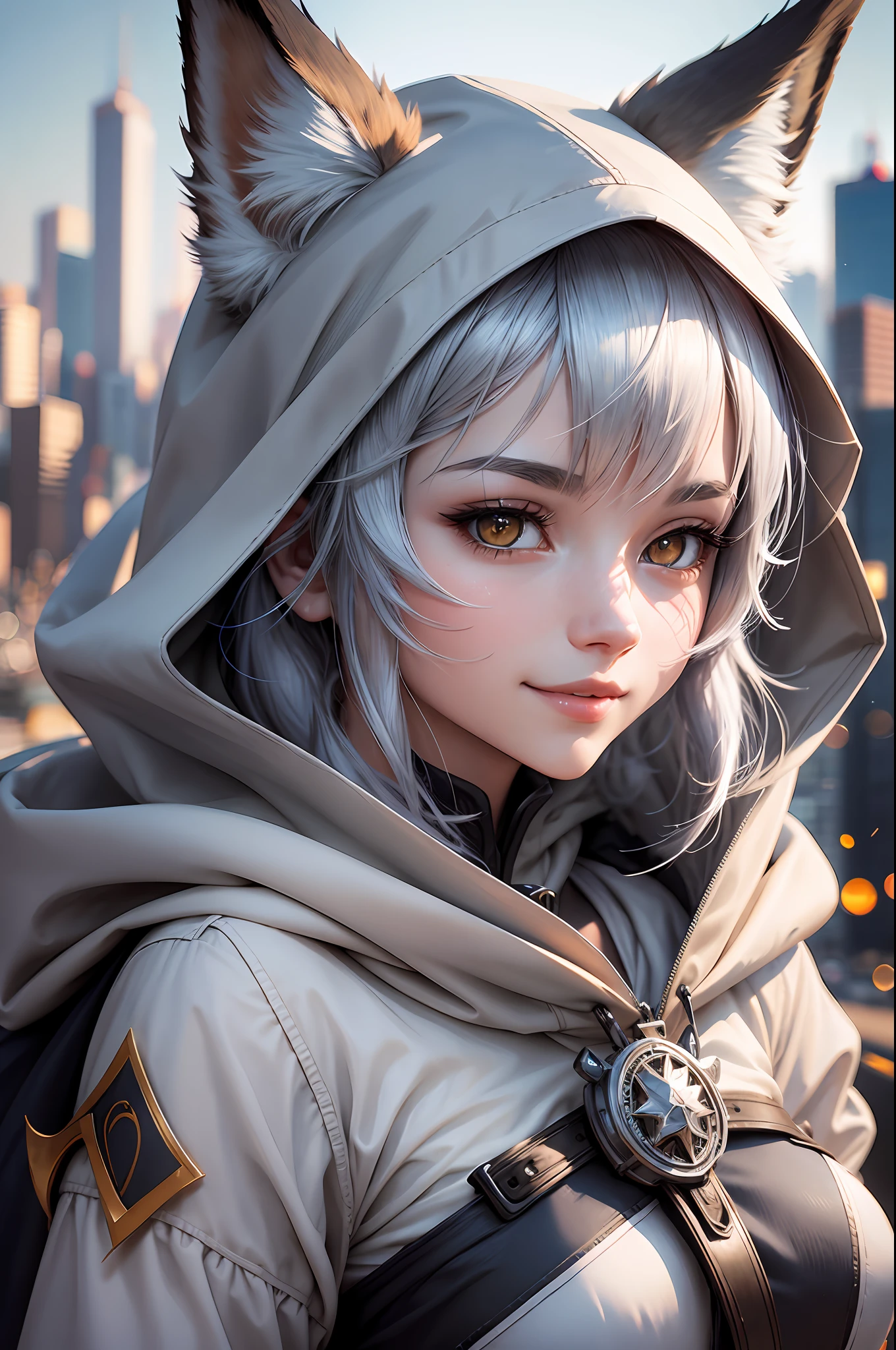 Fox girl with beautiful face alone facing body, with a sunny city with blurred background, silver hair, hood, dashed eyes, fox ears, clear smile, expressionism, luminism, chiaroscuro, Fujicolor, jpeg artifacts, UHD, 8k --auto --s2