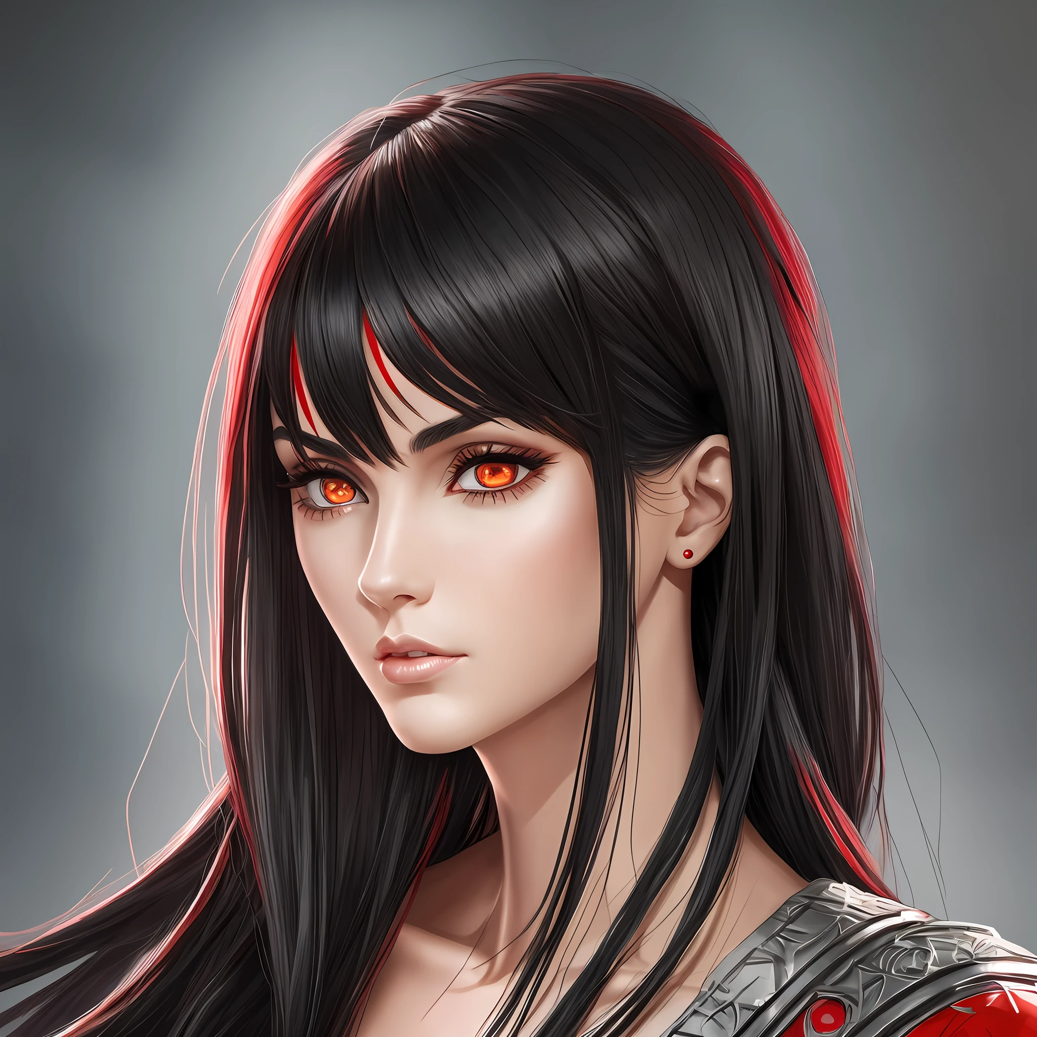 Beautiful tall woman with black hair and red eyes super realistic and well detailed