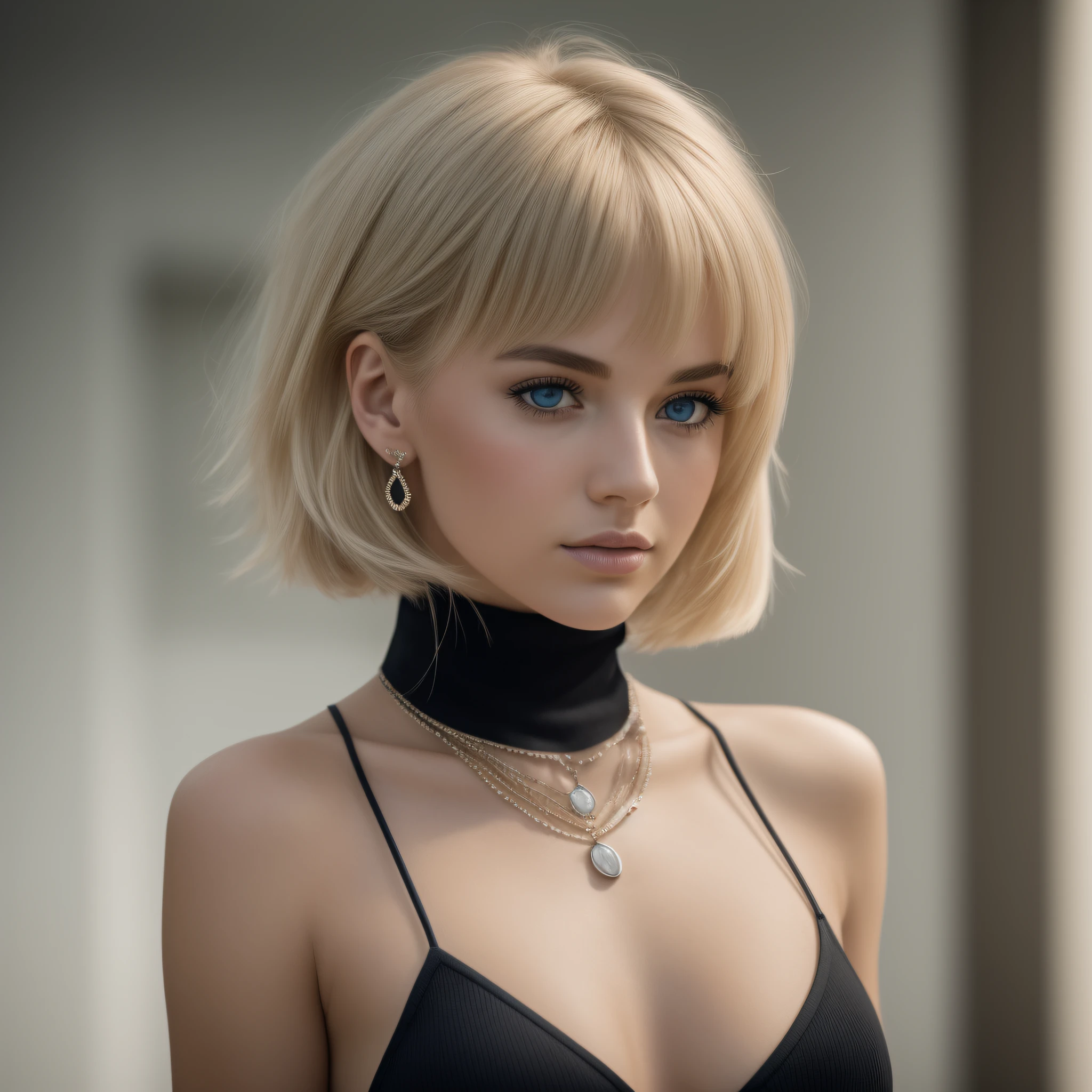 Slender, young, short blonde hair, blue eyes, in town, natural skin texture, 24mm, 4K textures, soft cinematic light, RAW photography, photorealistic, photorealistic, complex, elegant, highly detailed, sharp focus, (((cinematic look))), calm Tone, Insane Detail, Complex Detail, Ultra Detail, High Contrast, Soft Cinematic Light, Dim Colors, Exposure Blending, HDR, Faded, Cold, Waist Thin, Well-Proportioned, (8k, 4k, Top Quality, Hi-Res: 1.1), (Realistic, Photorealistic: 1.1), Girl 1 People, Solo, Face, Twin Tails, Blonde Hair, Bangs, Long Hair, Necklace, Earrings, Lips, Eye Shadow, Jewelry, (Viewer Looking For: 1.8), Spaghetti Straps, Detail, High Contrast, from_side, srfc, stunning complex full color portrait, wearing black turtleneck, spectacular character composition, by Ilya Kubushinov, Alessio Albi, Nina Masic, sharp focus, natural light, sub-surface scatter, f2, 35mm, film grain