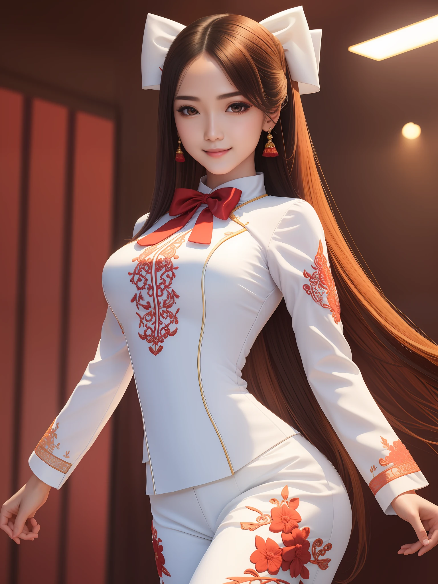 1girl, (best quality, masterpiece, ultra high resolution),(photorealistic:1.3), (realistic:1.3),(long legs:1.3), (closed mouth), (light smile:1.2), (long white ao dai:1.2), (Embroidered:1.2), (long trousers:1.2), (red bow tie:1.2),(day:1.3), (bright lights:1.3), indoors, busty, dynamic pose, vivacious and seductive,(standing), (slender), (slender legs), (busty:1.2), (facing to the side), shiny skin, nose blush, (male focus, from below:1.2), (lower body:1.2),