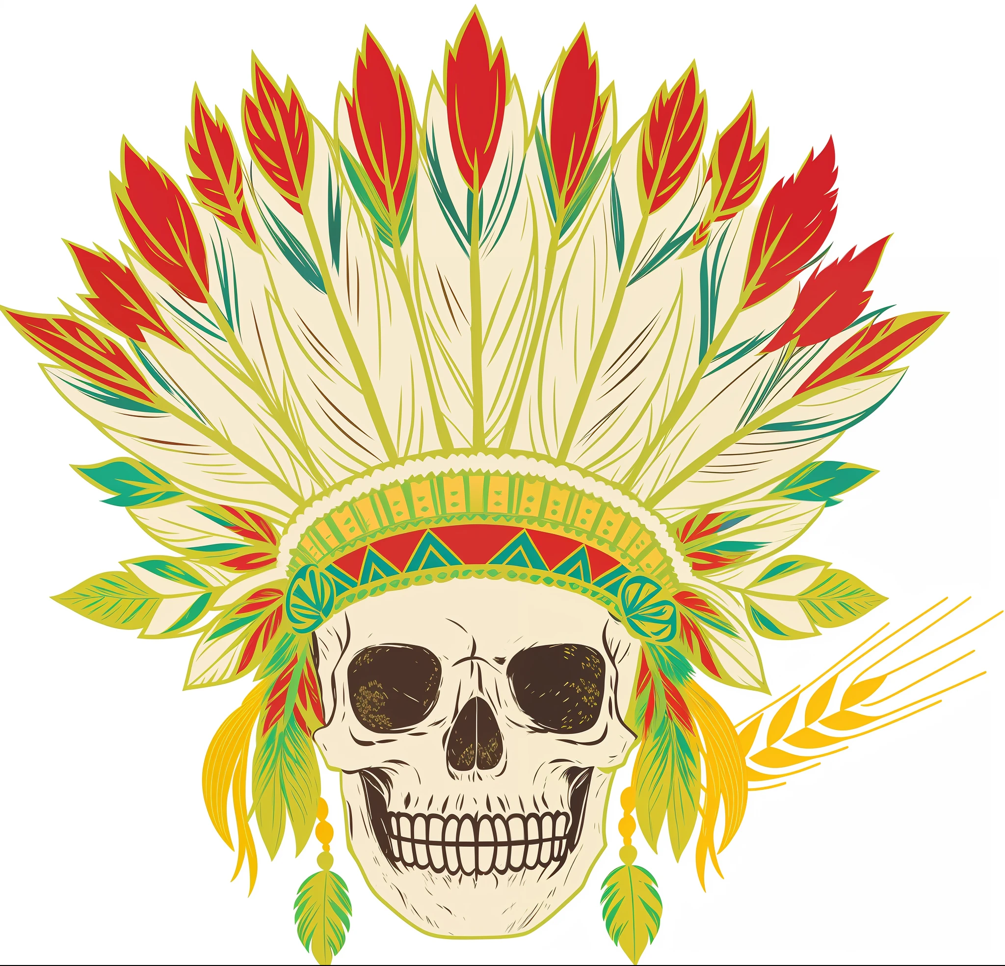 skull wearing native american headdress with wheat ears, aztec skull with crown of hops, american indian headdress, with an animal skull for a head, aztec skull, wearing crown of bright feathers, colored illustration for tattoo, ornate headdress, sacred skull, colonnade ornate headdress, skull image on the vest, headdress, feather native american headgear