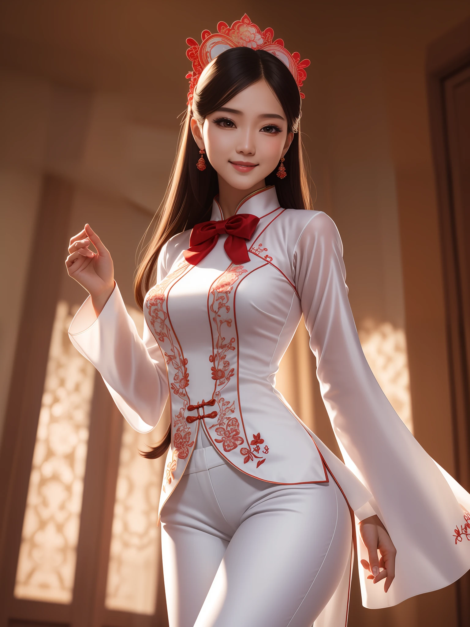 1girl, (best quality, masterpiece, ultra high resolution),(photorealistic:1.3), (realistic:1.3),(long legs:1.3), (closed mouth), (light smile:1.2), (long white ao dai:1.2), (Embroidered:1.2), (long trousers:1.2), (red bow tie:1.2),(day:1.3), (bright lights:1.3), indoors, busty, dynamic pose, vivacious and seductive,(standing), (slender), (slender legs), (busty:1.2), (facing to the side), shiny skin, nose blush, (male focus, from below:1.2), (lower body:1.2),