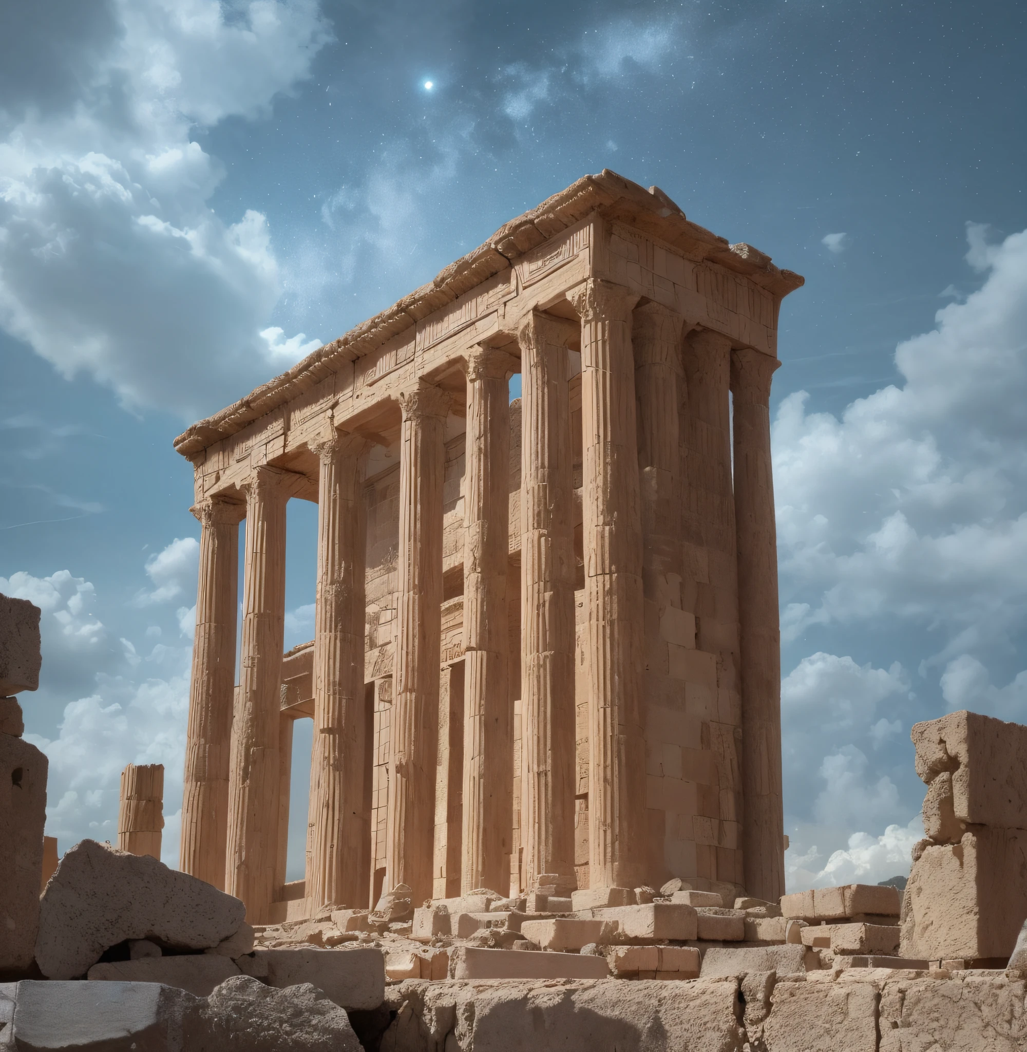 The Baalbek complex of buildings, the solar system in another dimension, other worlds, extraterrestrial giant beings perform a ritual, fire all around, celestial singularity, energy fields, gloomy image, horror